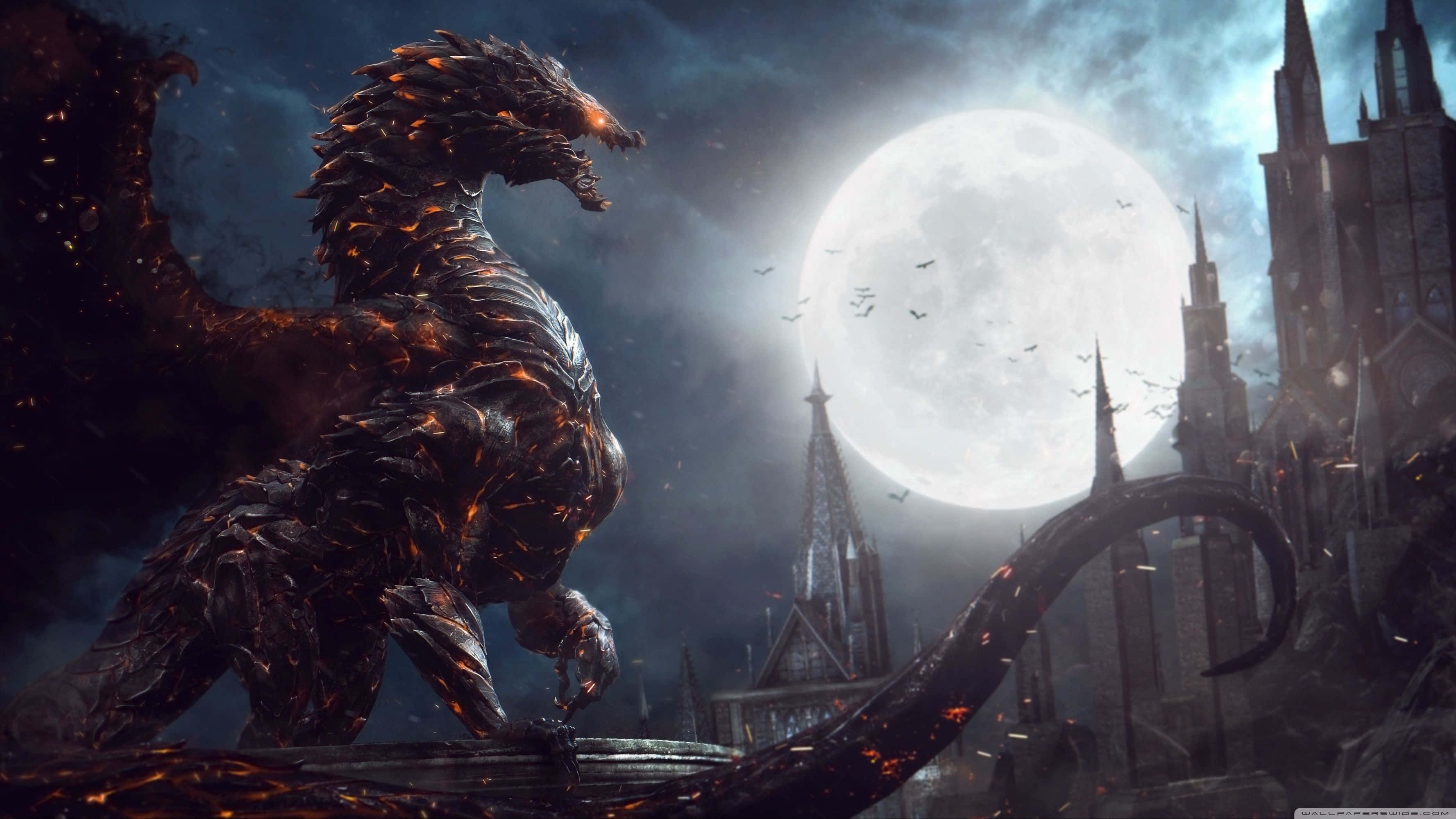 epic dragon 4k, fiery black dragon, ruined castle, 2K Desktop Wallpaper