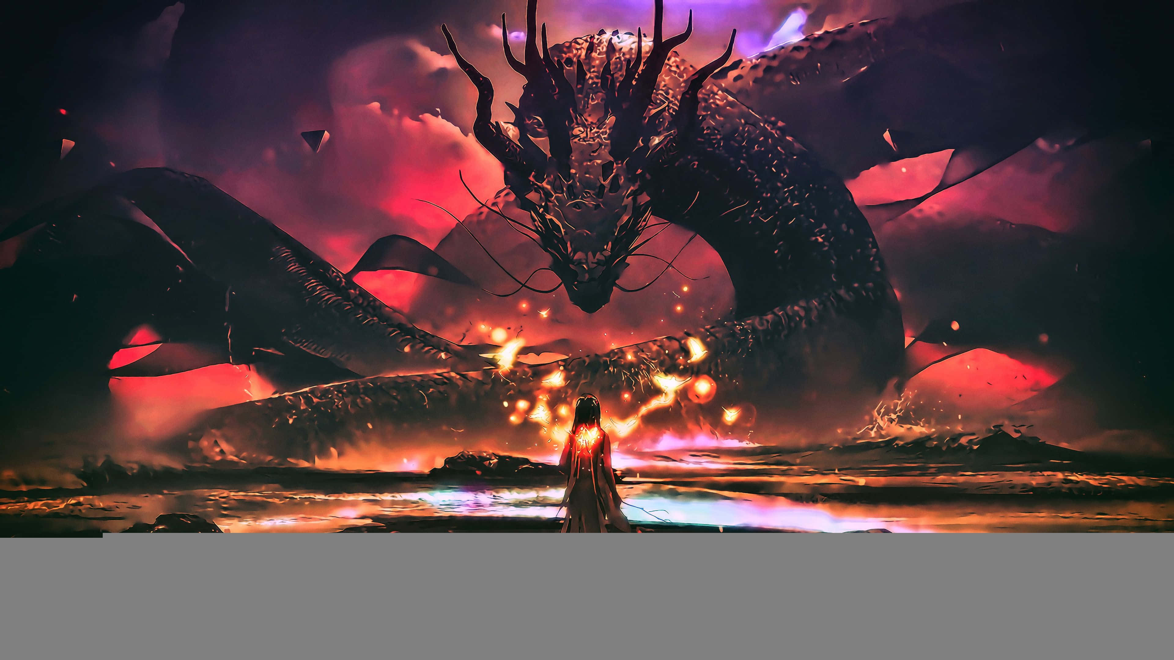 epic dragon 4k, colossal dark dragon, fiery crimson and purple stormy sky, 4K Desktop Wallpaper