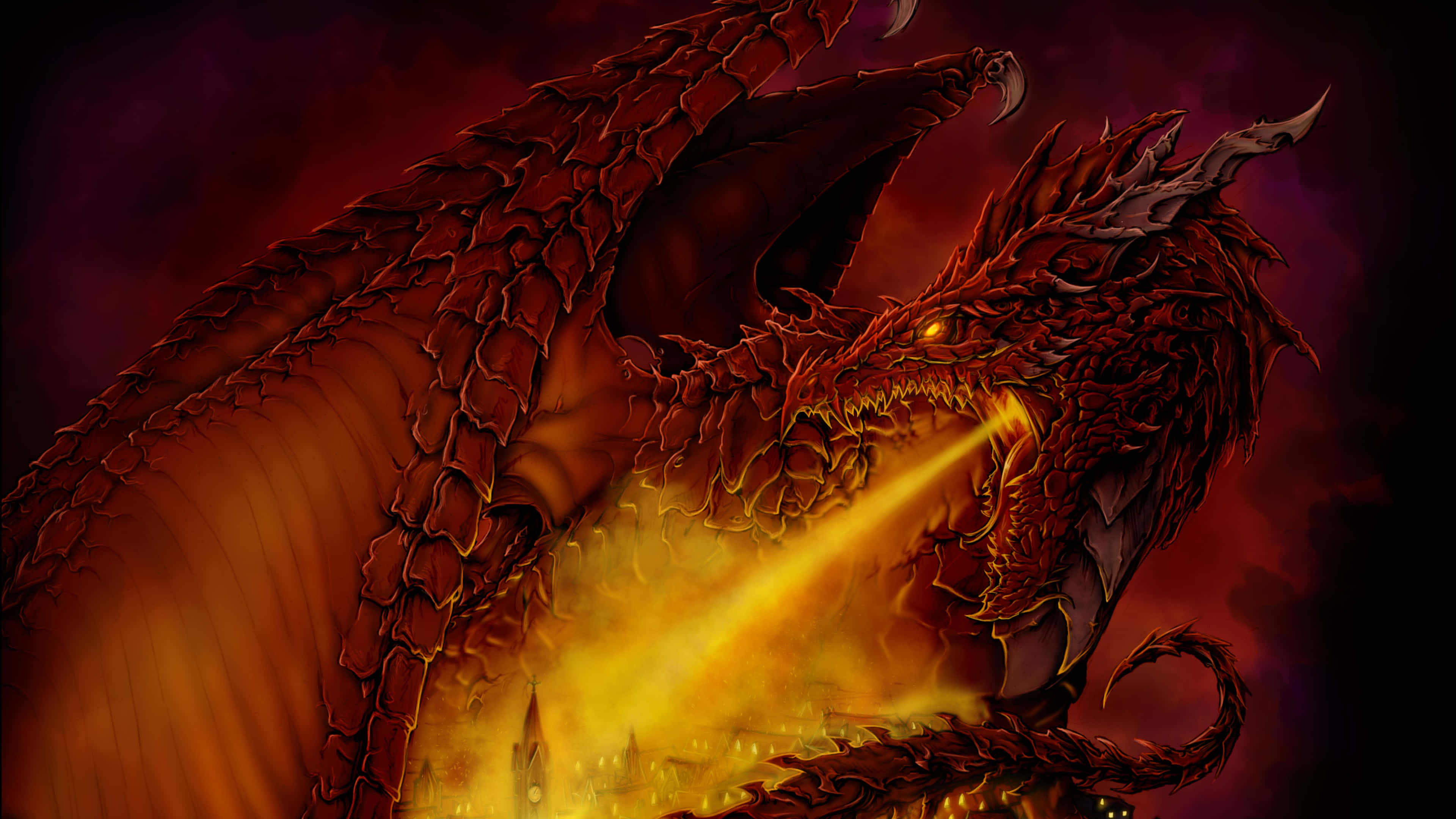 red dragon, flames, burning cityscape, 4K Desktop Wallpaper