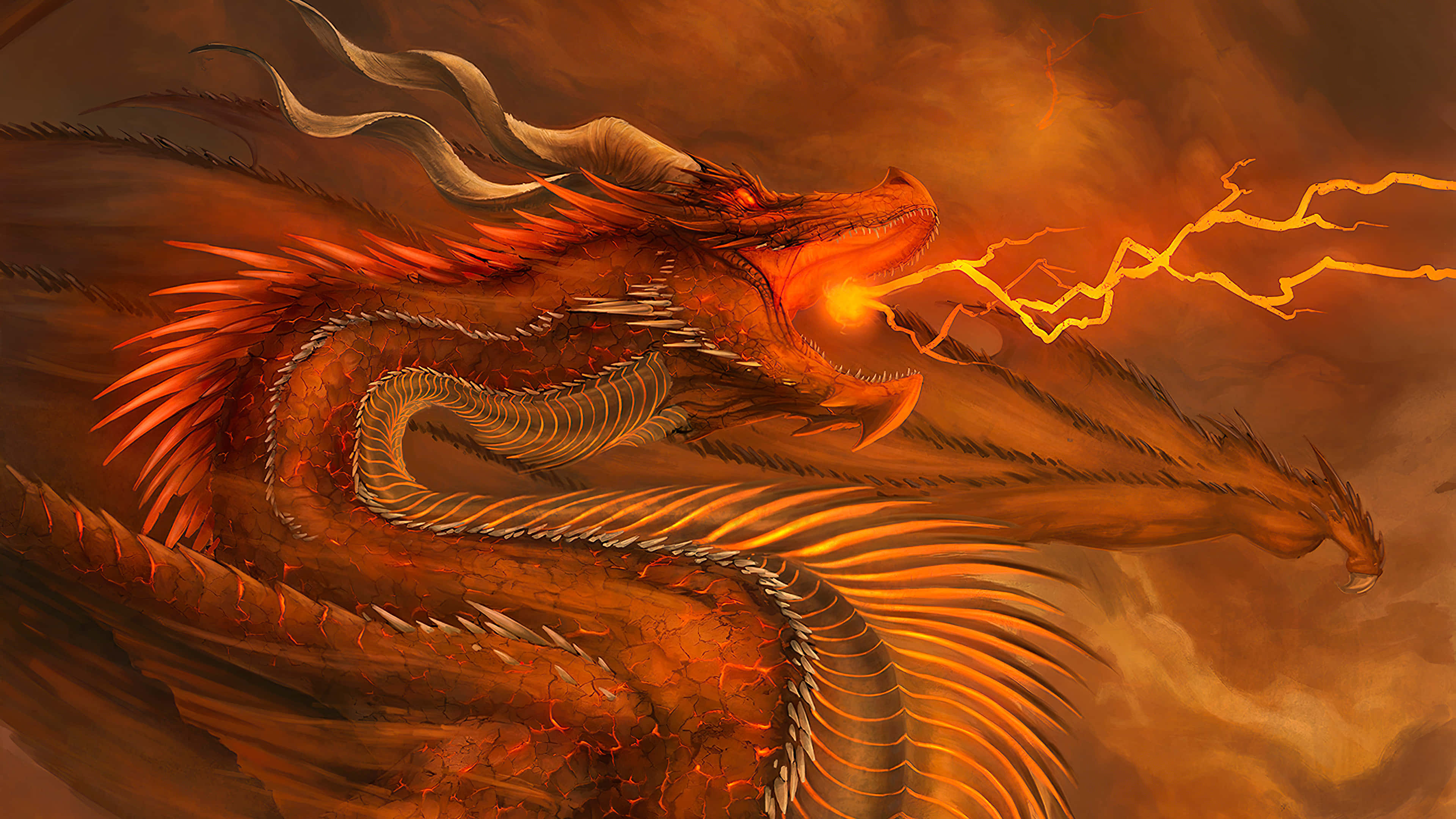 Epic Dragon 4K, fiery orange dragon, glowing eyes, 4K Desktop Wallpaper