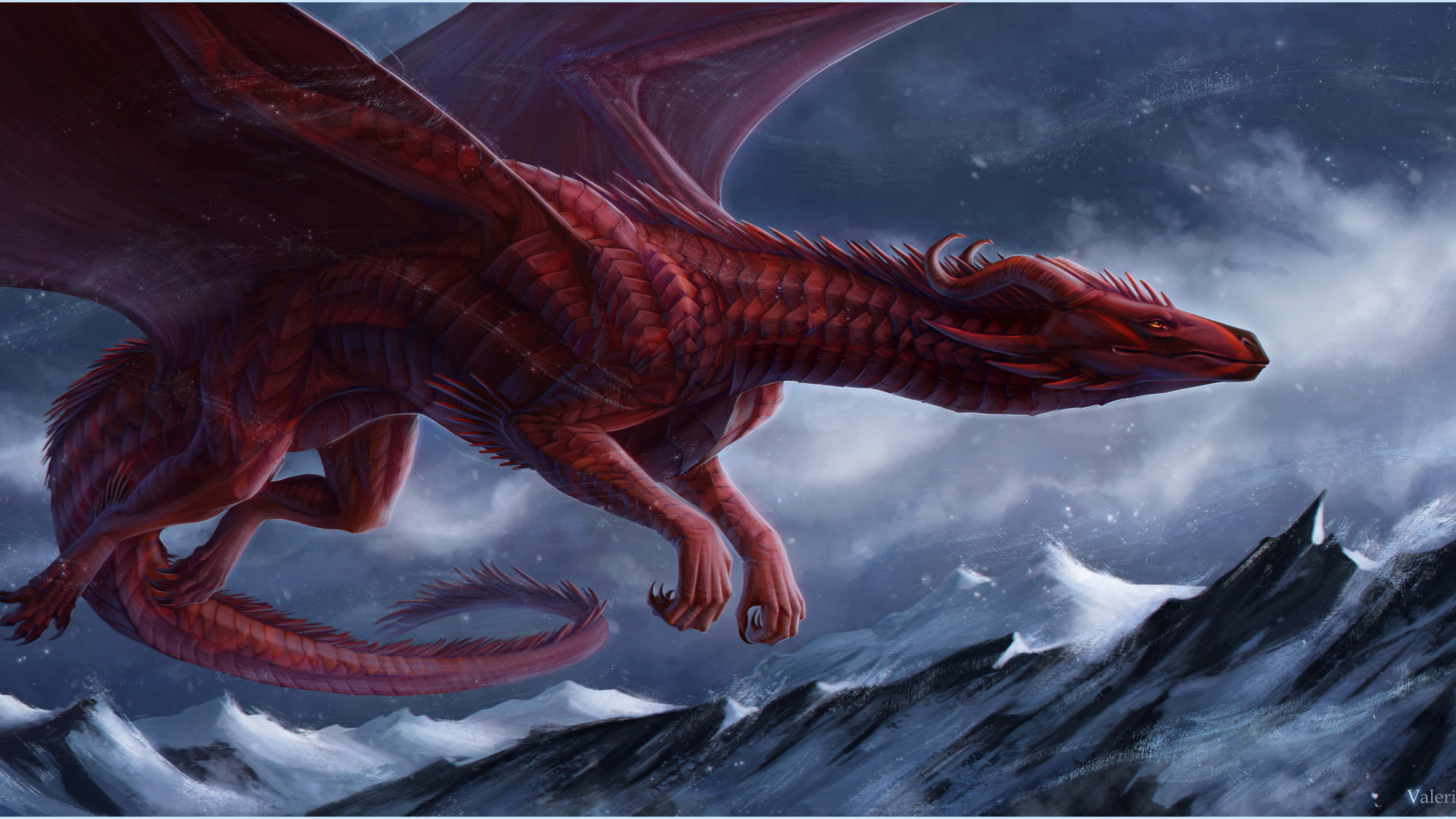 Epic Dragon 4K, red dragon, snowcapped mountains, 4K Desktop Wallpaper