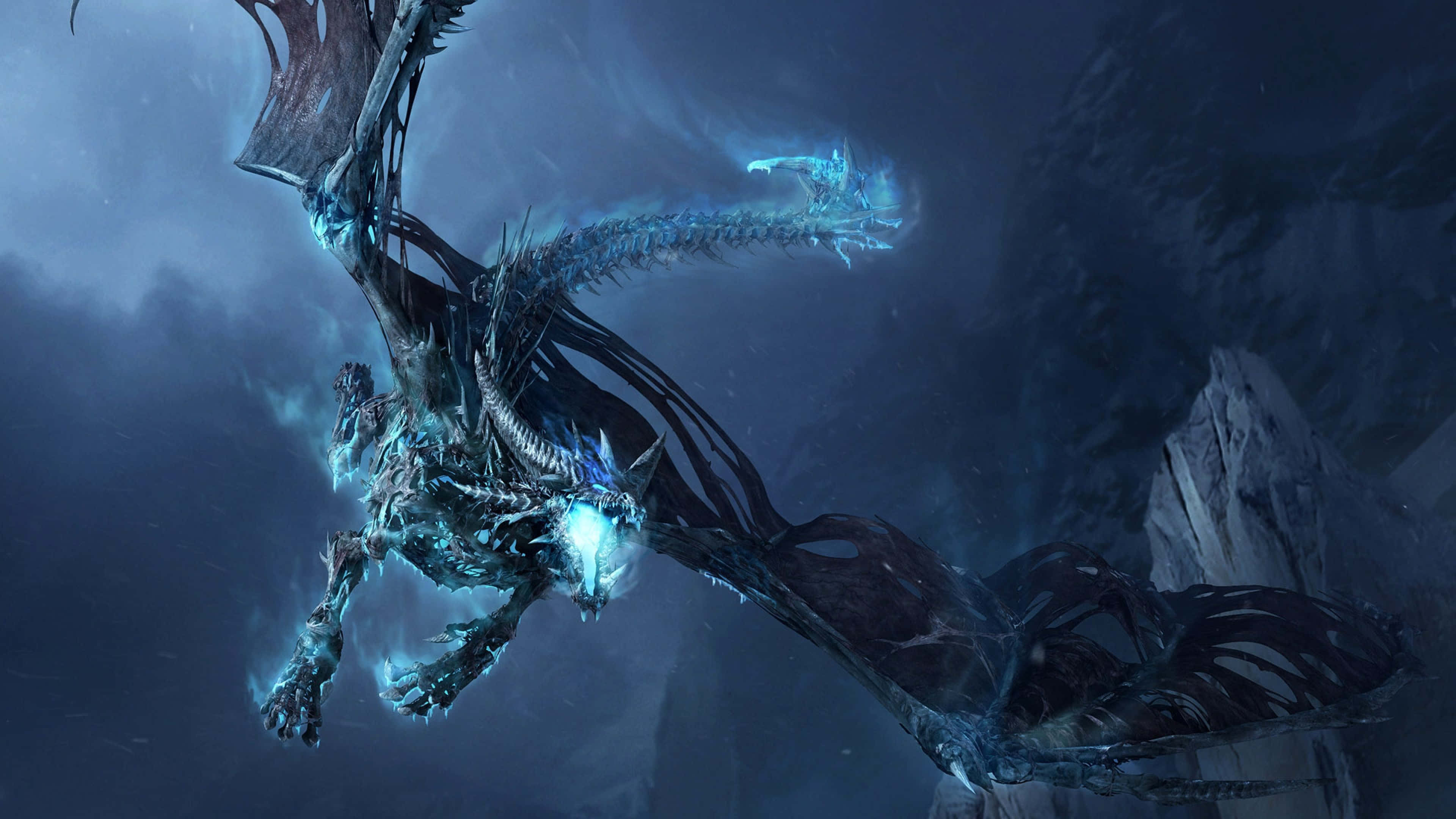 epic dragon, icy dragon, glowing blue eyes, 4K Desktop Wallpaper