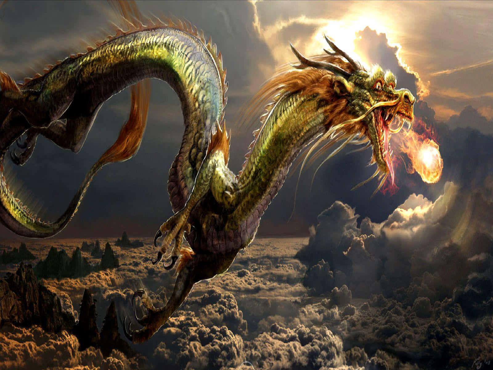 Epic Dragon, green and gold dragon, stormy clouds, HD Desktop Wallpaper