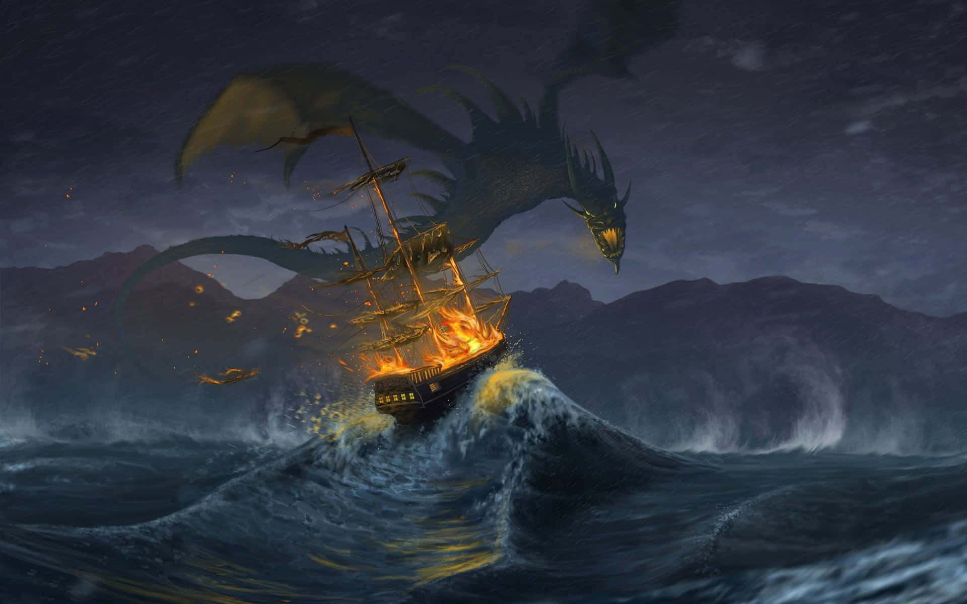 Epic Dragon, dragon, burning ship, Full HD Desktop Wallpaper