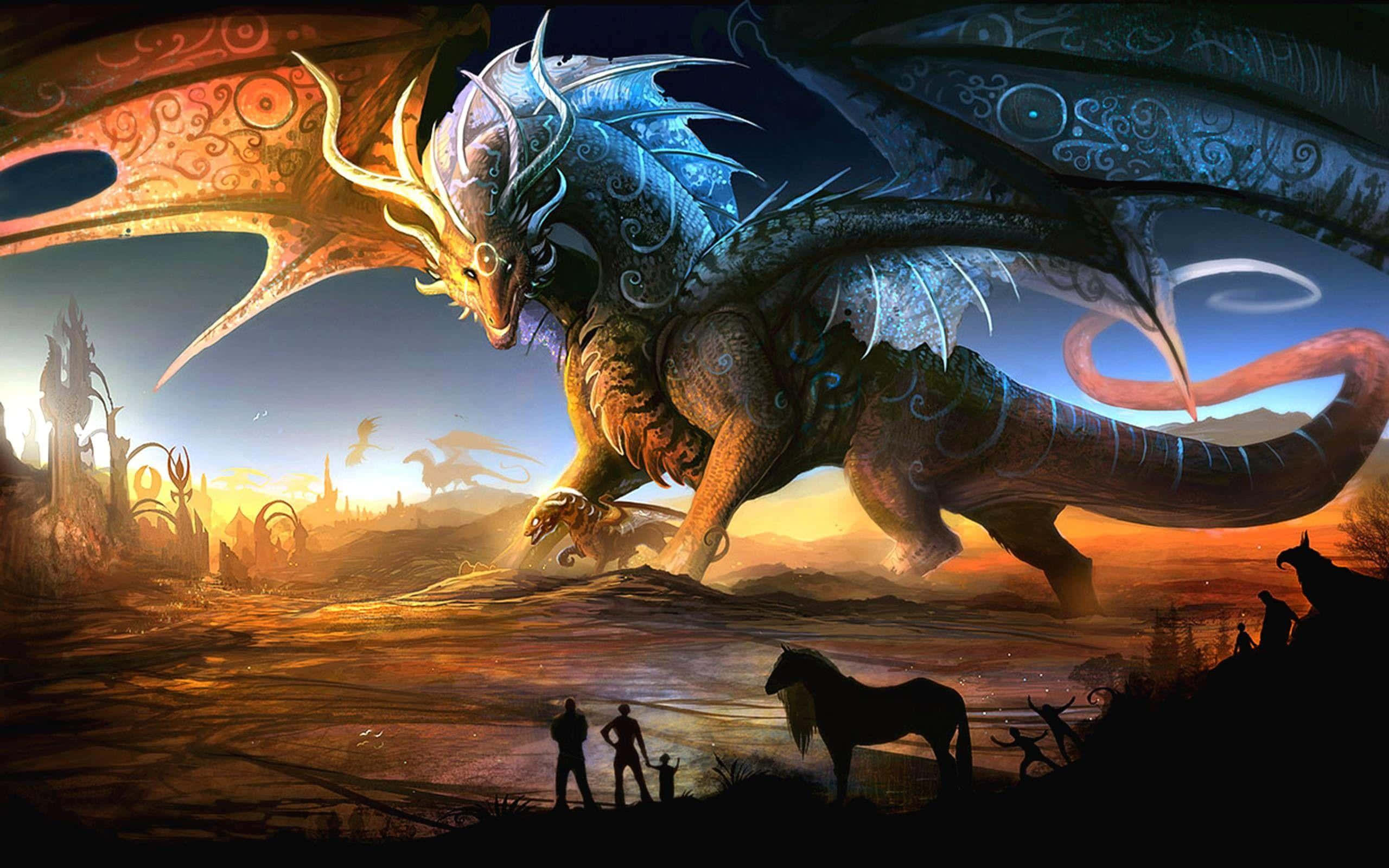 Epic Dragon, glowing blue scales, golden horns, 2K Desktop Wallpaper