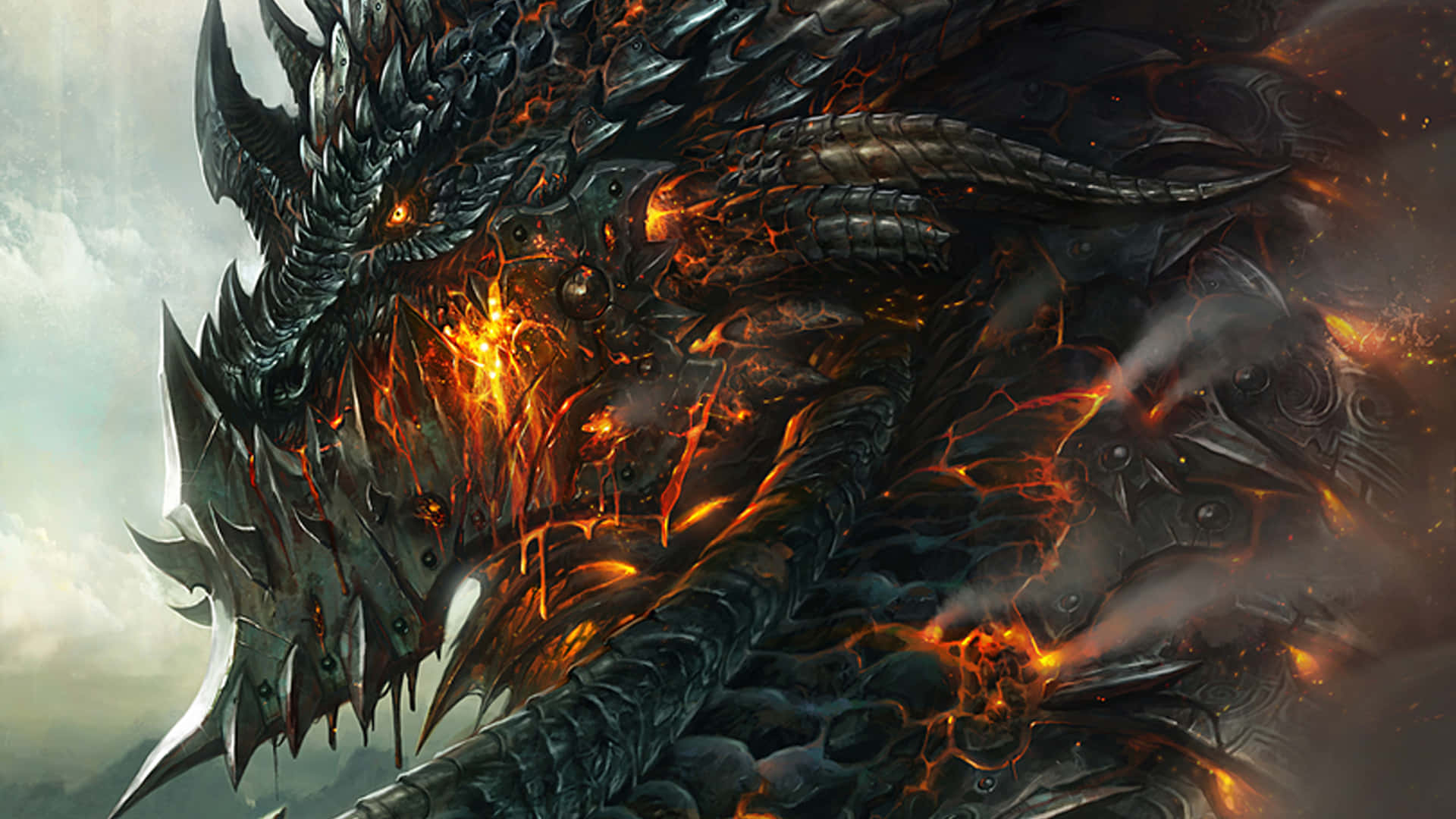 Epic Dragon, glowing orange eyes, molten lava, Full HD Desktop Wallpaper
