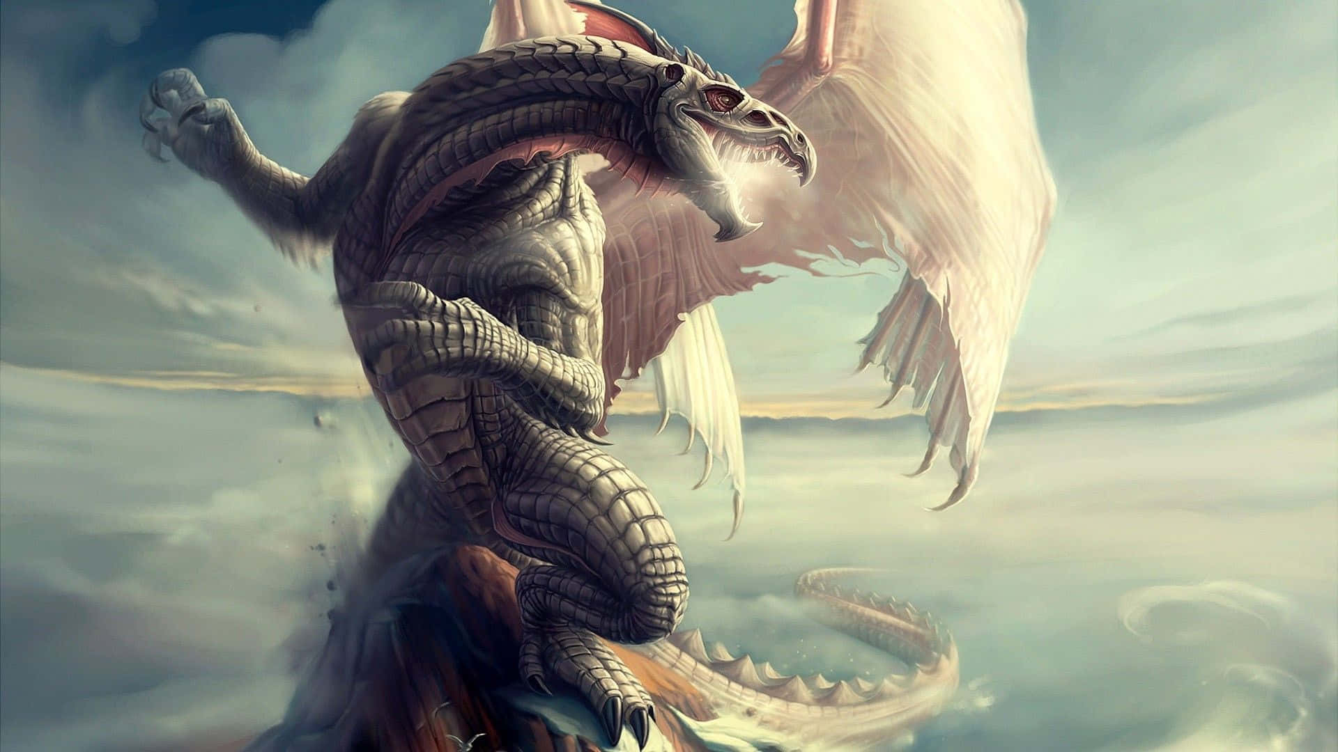 Epic Dragon, gray scales, white wings, Full HD Desktop Wallpaper