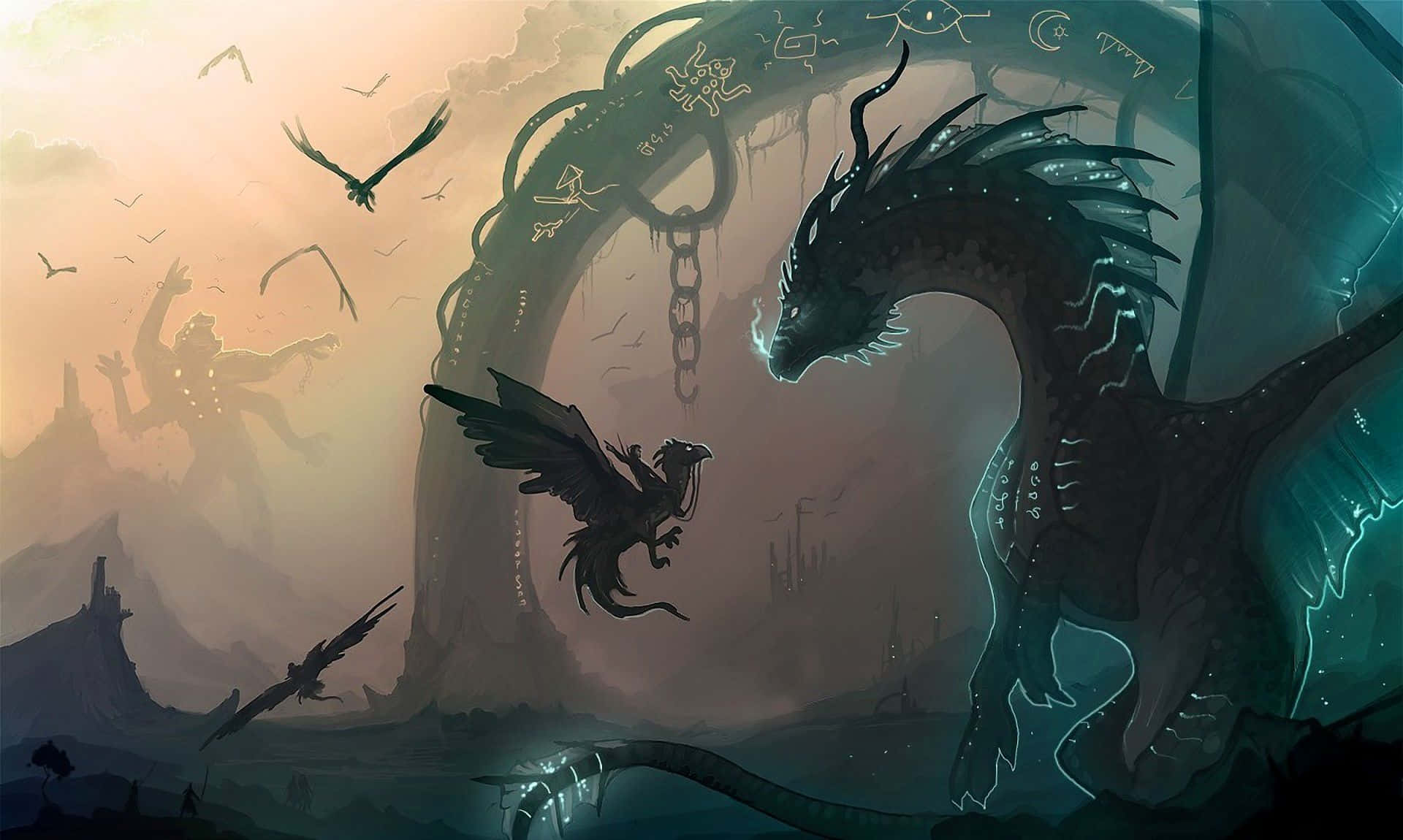 Epic Dragon, mystical archway, shadowy birds, Full HD Desktop Wallpaper