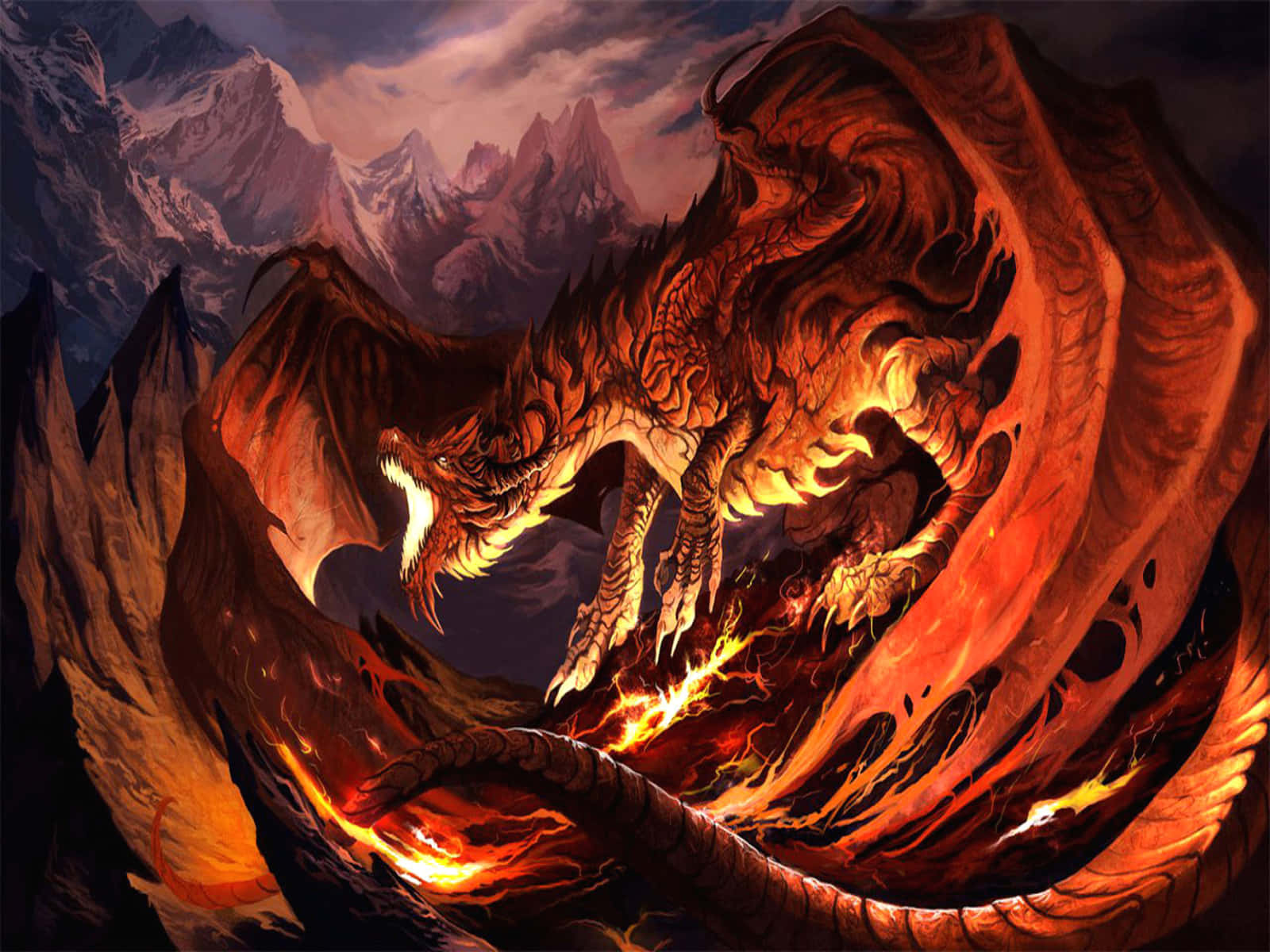 Epic Fiery Dragon, glowing orange scales, stormy twilight sky, HD Desktop Wallpaper