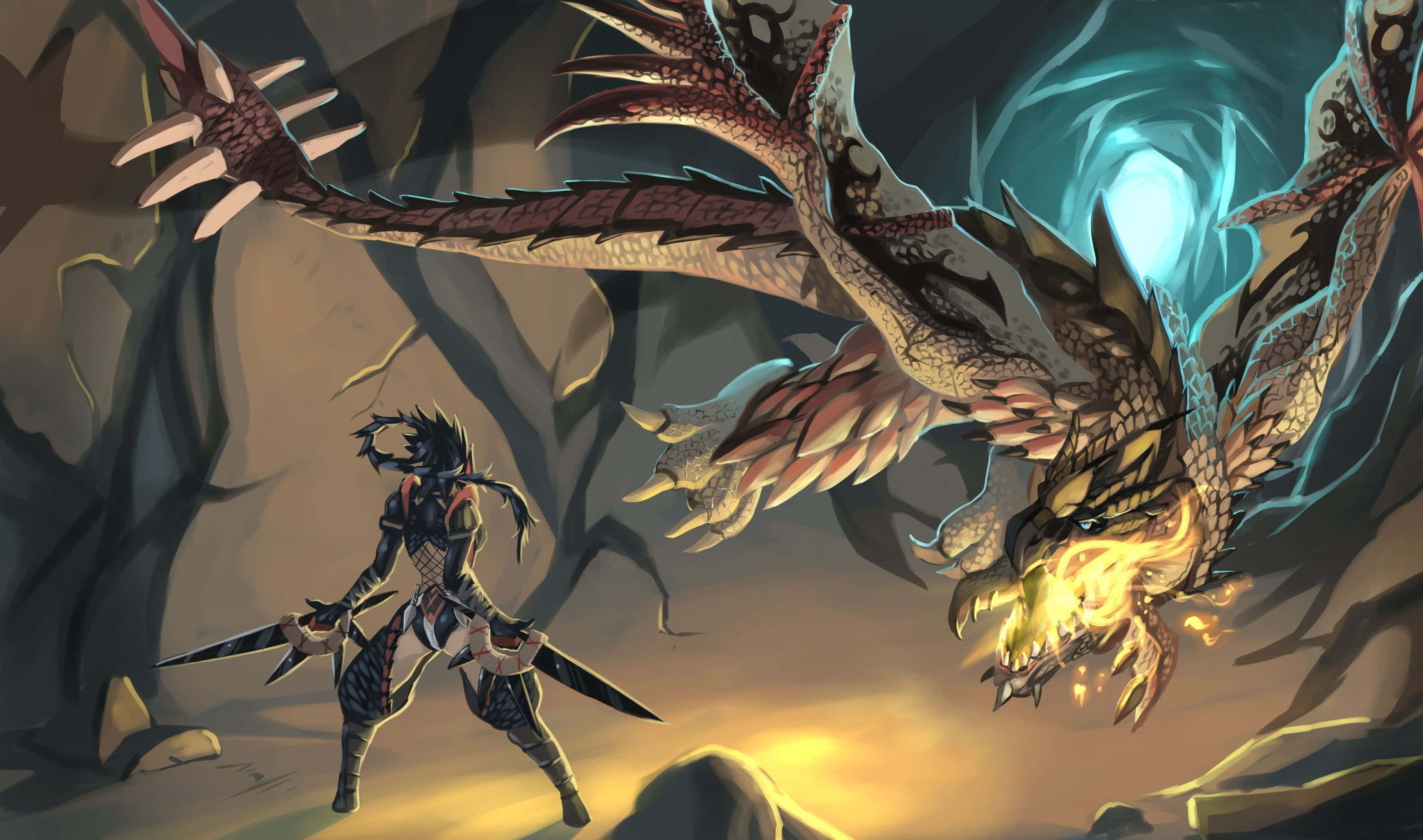 Epic Dragon, warrior, dual blades, 2K Desktop Wallpaper