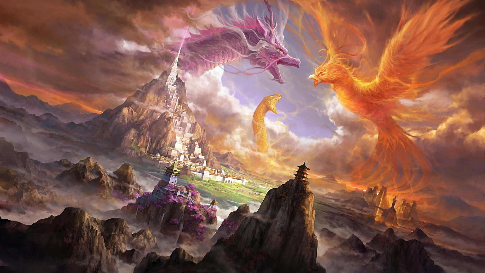 Epic Dragon, purple dragon, fiery phoenix, Full HD Desktop Wallpaper