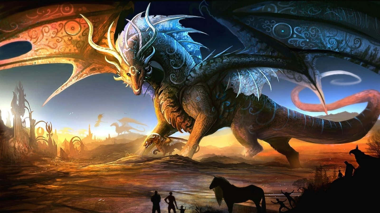 majestic mythical dragon, blue and gold dragon, ornate wings, HD Desktop Wallpaper