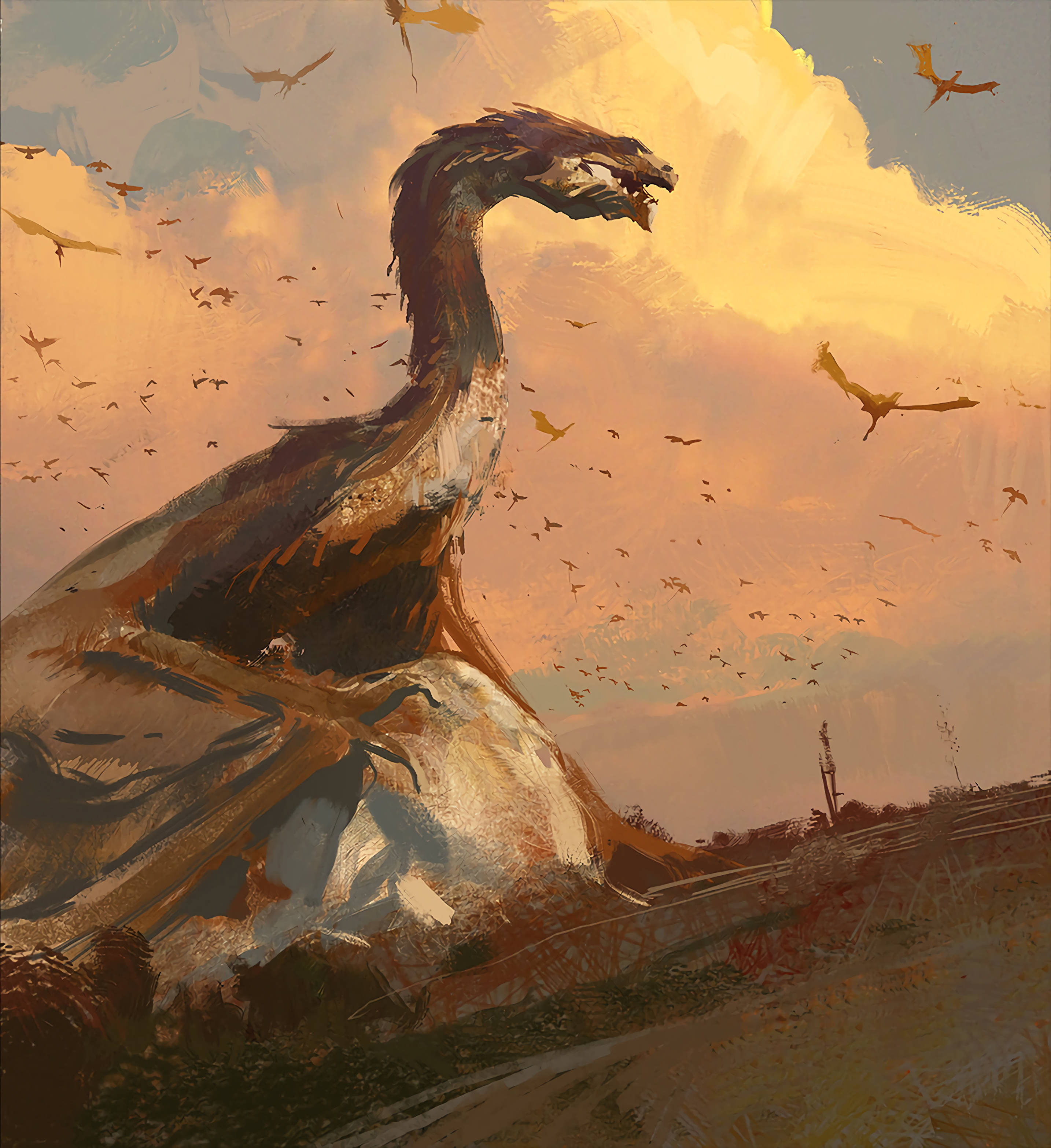brown dragon, colossal dragon, long neck, 2K Phone Wallpaper