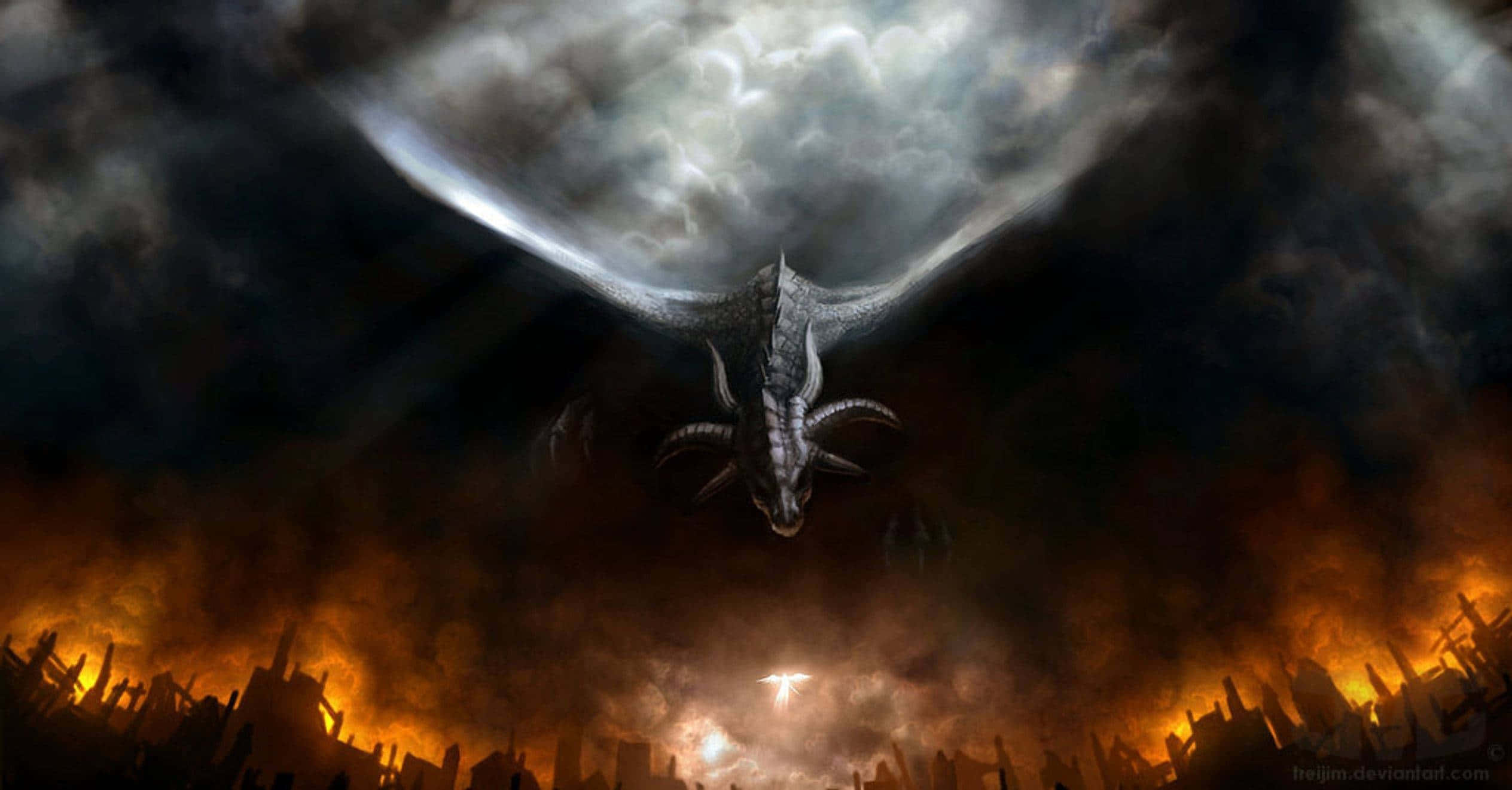 Epic Dragon, burning cityscape, stormy sky, Full HD Desktop Wallpaper