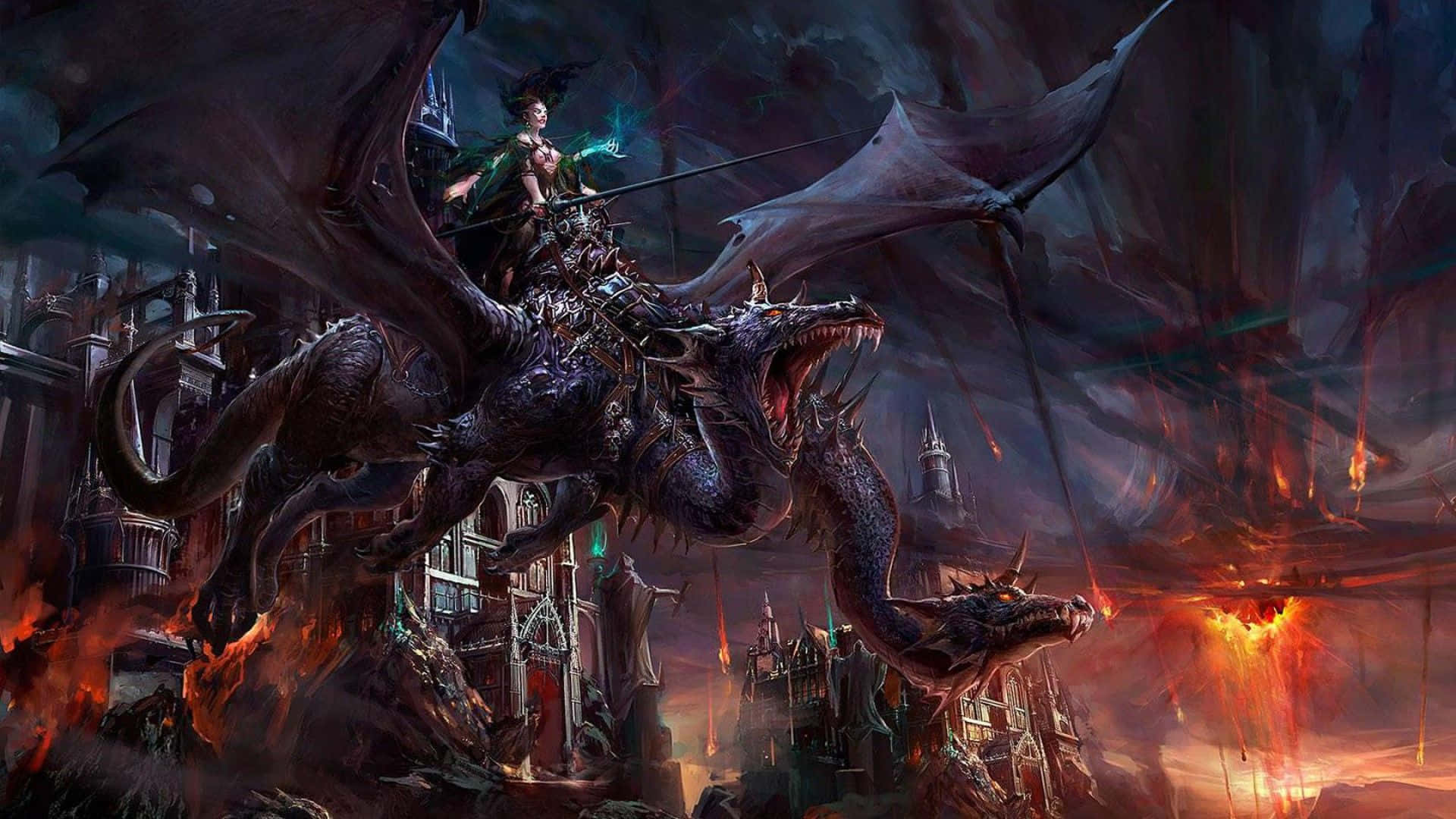 1080p dragon, two-headed dragon, burning gothic cityscape, Full HD Desktop Wallpaper