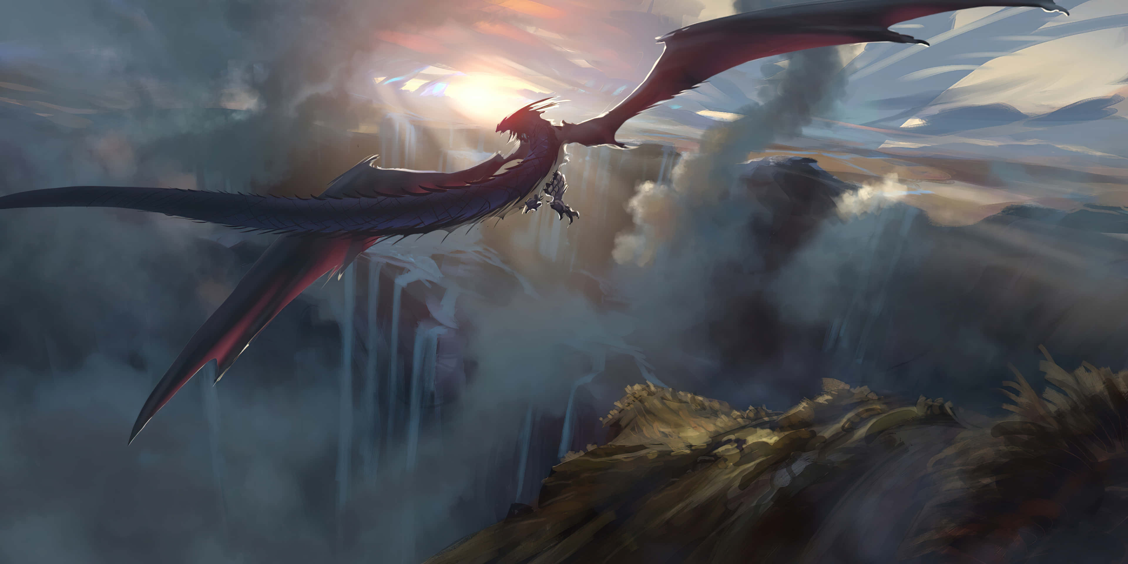 epic dragon, red dragon, misty cliffs, 4K Desktop Wallpaper