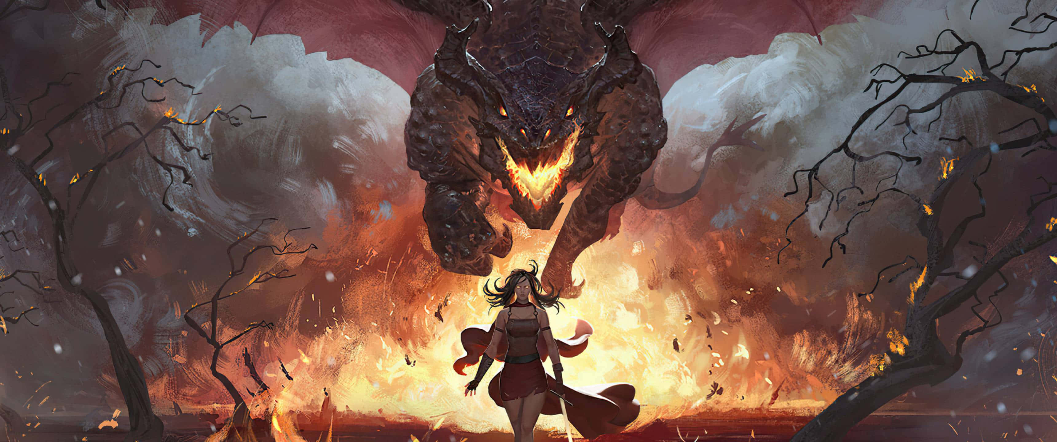 3440x1440, dragon, fiery dragon, 2K Desktop Wallpaper
