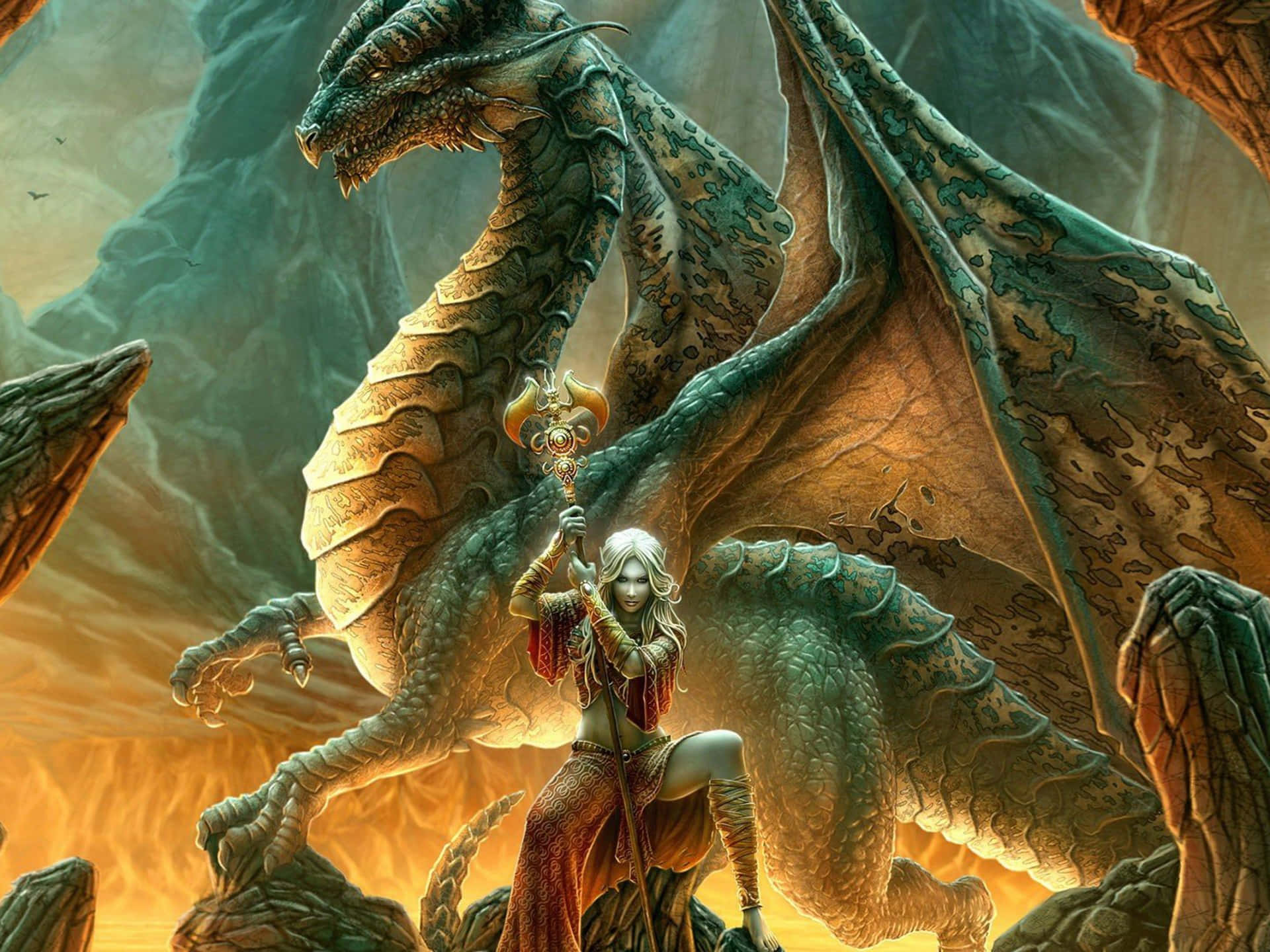 epic dragon, fiery canyon, warrior woman, Full HD Desktop Wallpaper