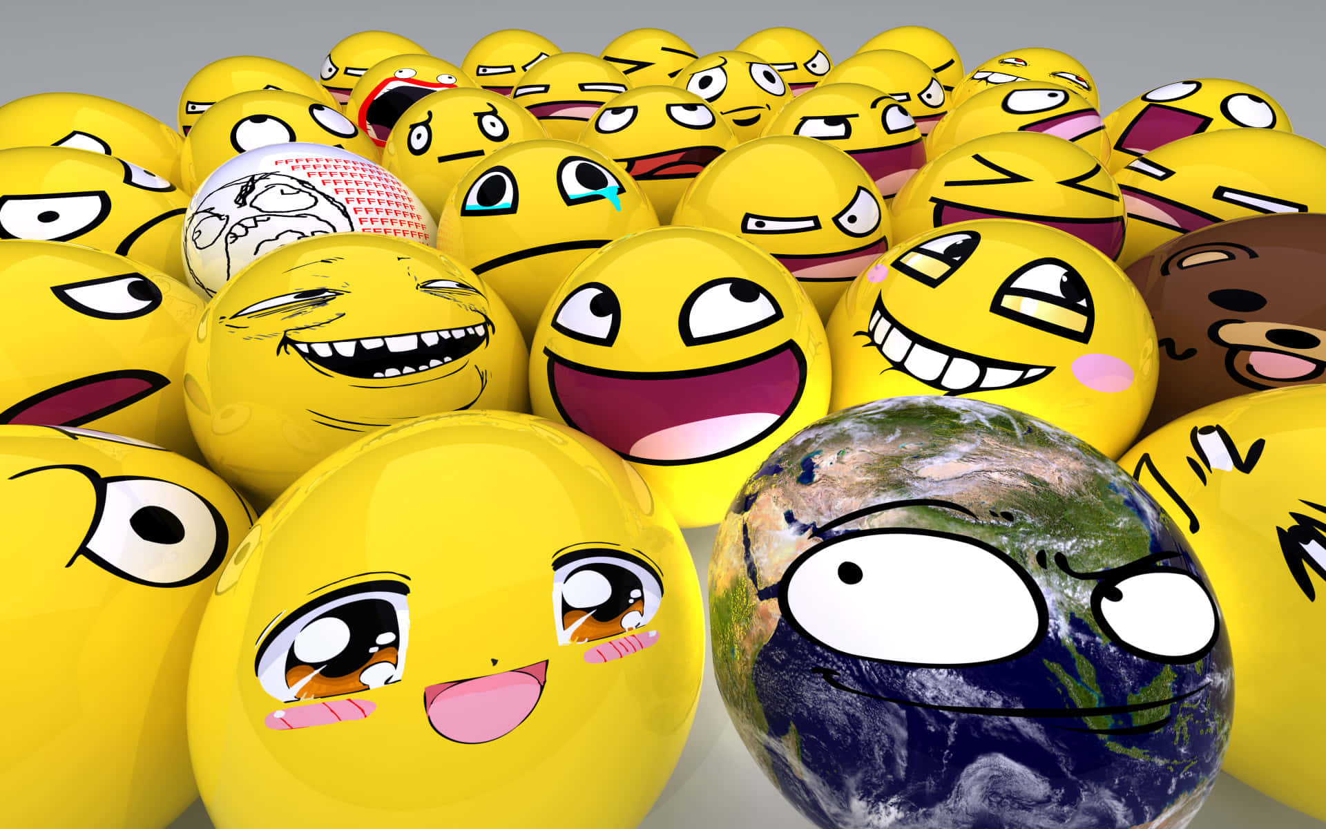 Epic Face, glossy yellow emoji spheres, cartoon Earth, Full HD Desktop Wallpaper