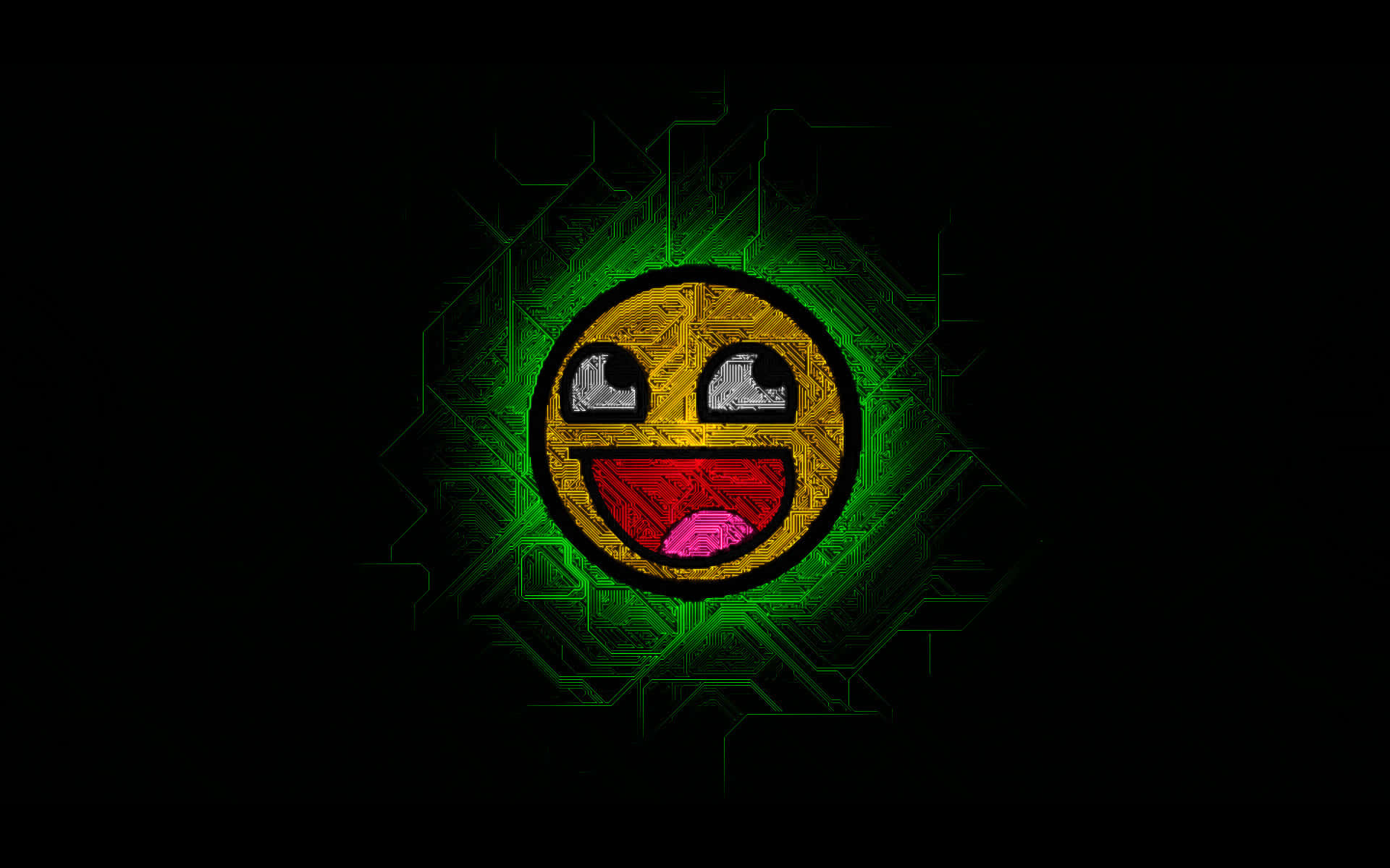 glowing green circuit-board smiley face, wide eyes, tongue sticks out, Full HD Desktop Wallpaper