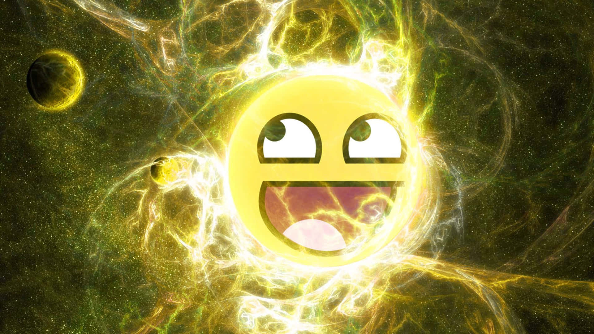 glowing yellow emoji, wide eyes, grin, Full HD Desktop Wallpaper