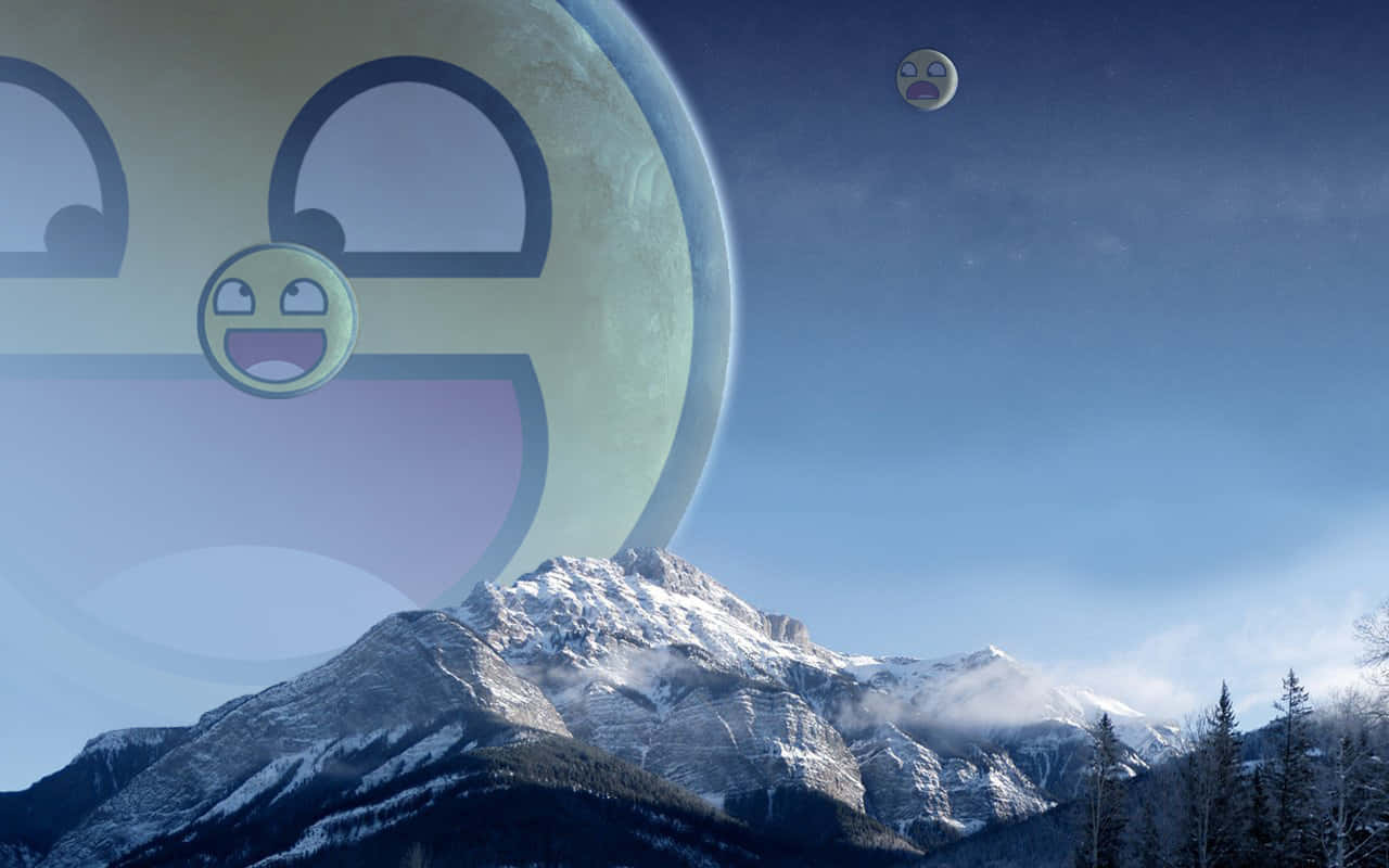 smiling emoji, giant smiling emoji planet, snowcapped mountains, HD Desktop Wallpaper