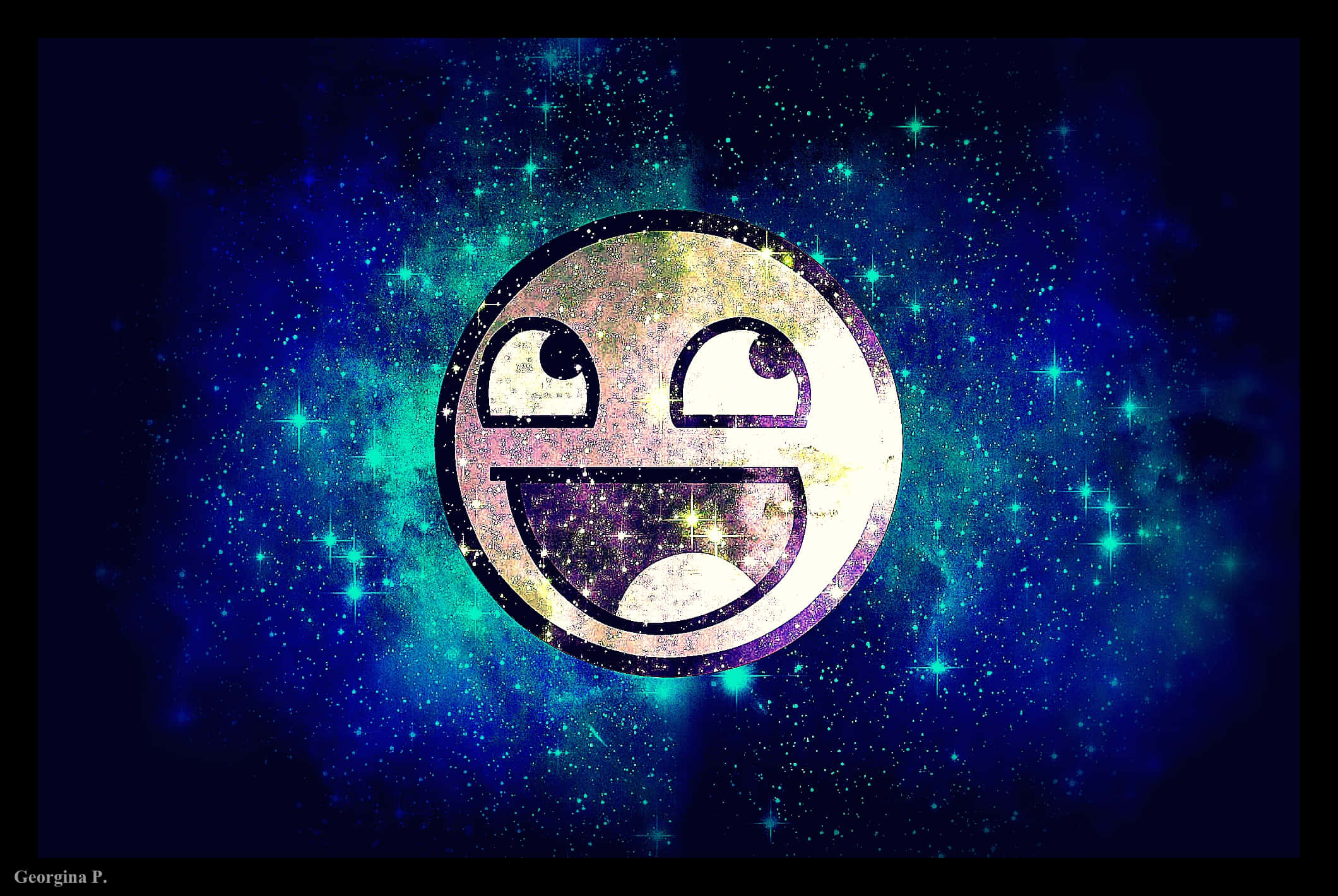 glittering smiley face emoji, vibrant cosmic nebula, blue green, Full HD Desktop Wallpaper