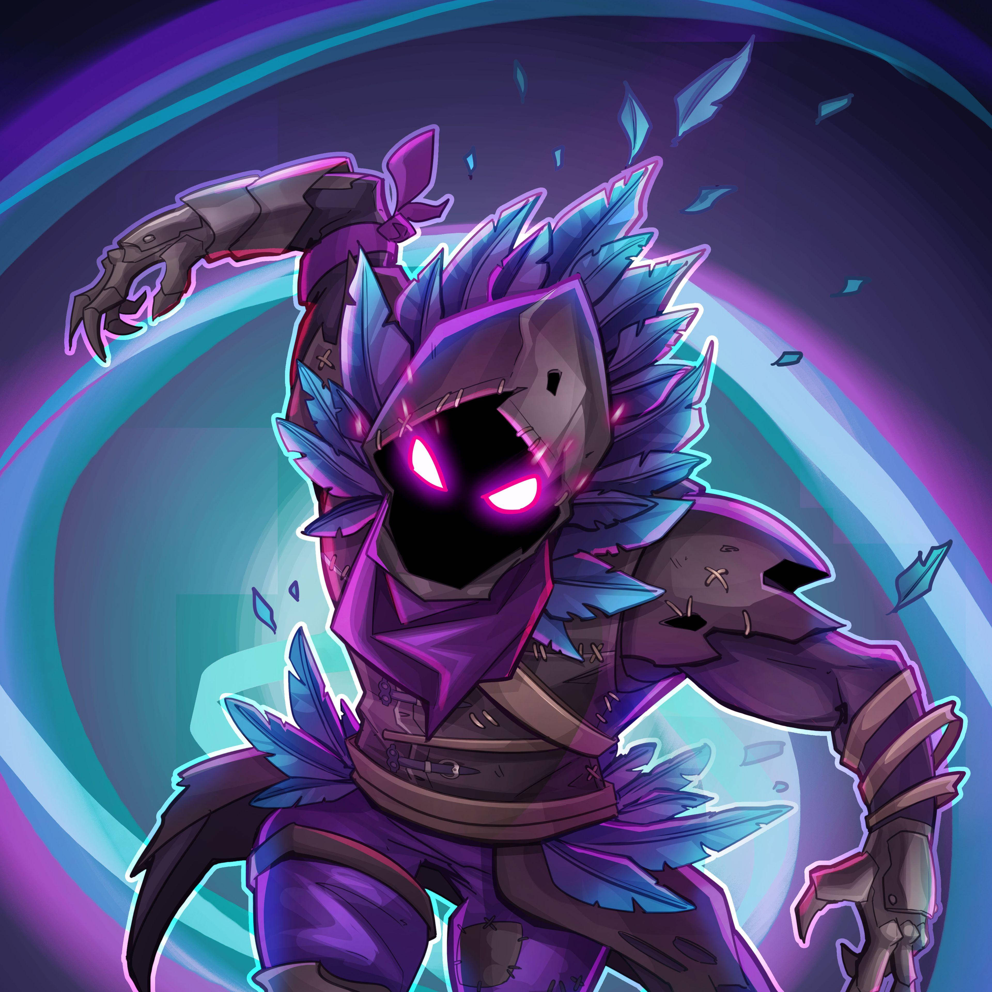 Epic Fortnite, purple armored figure, glowing pink eyes, 4K Desktop Wallpaper