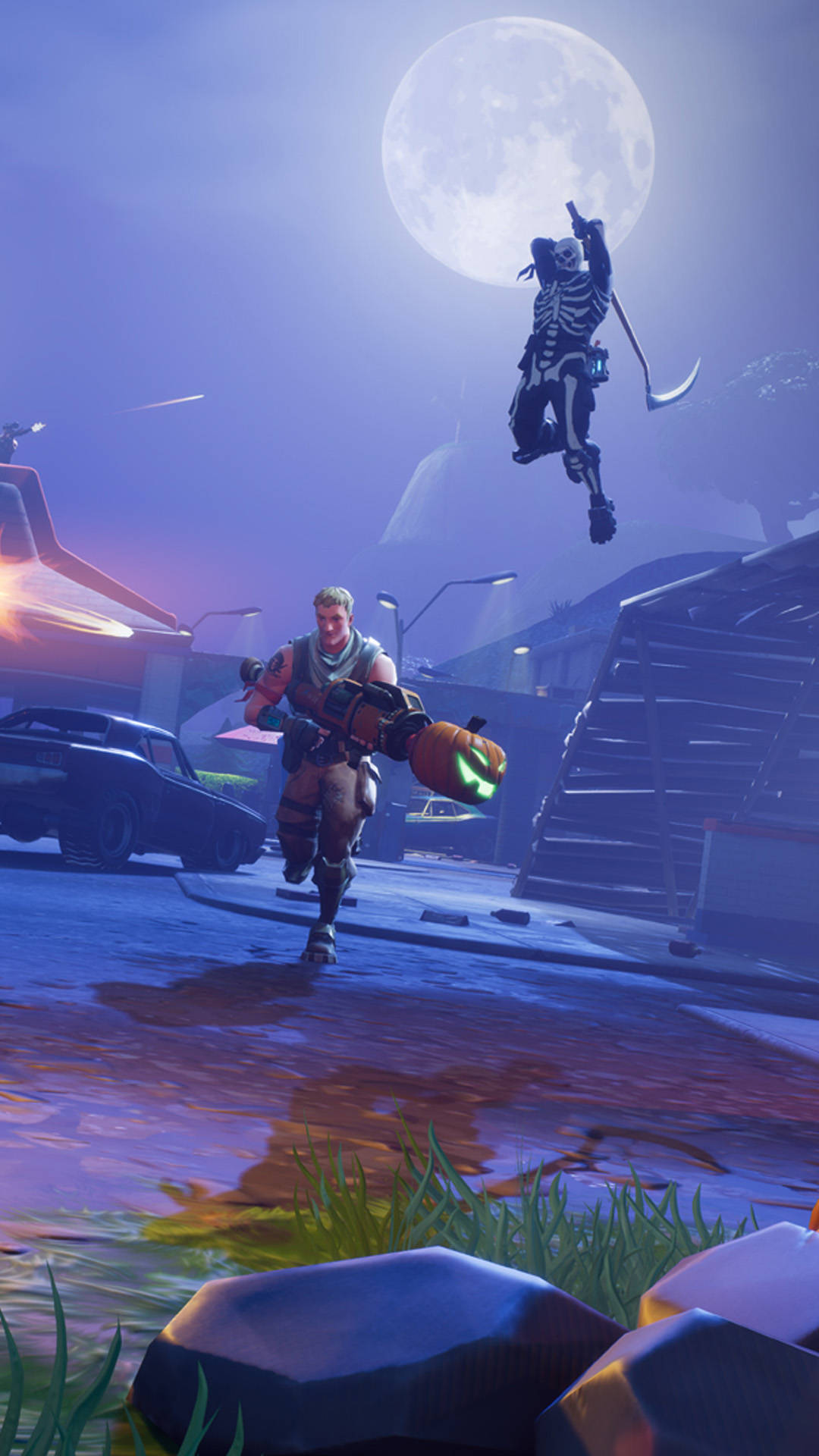 Epic Fortnite, moonlit urban ruin, skeletal enemy, Full HD Phone Wallpaper
