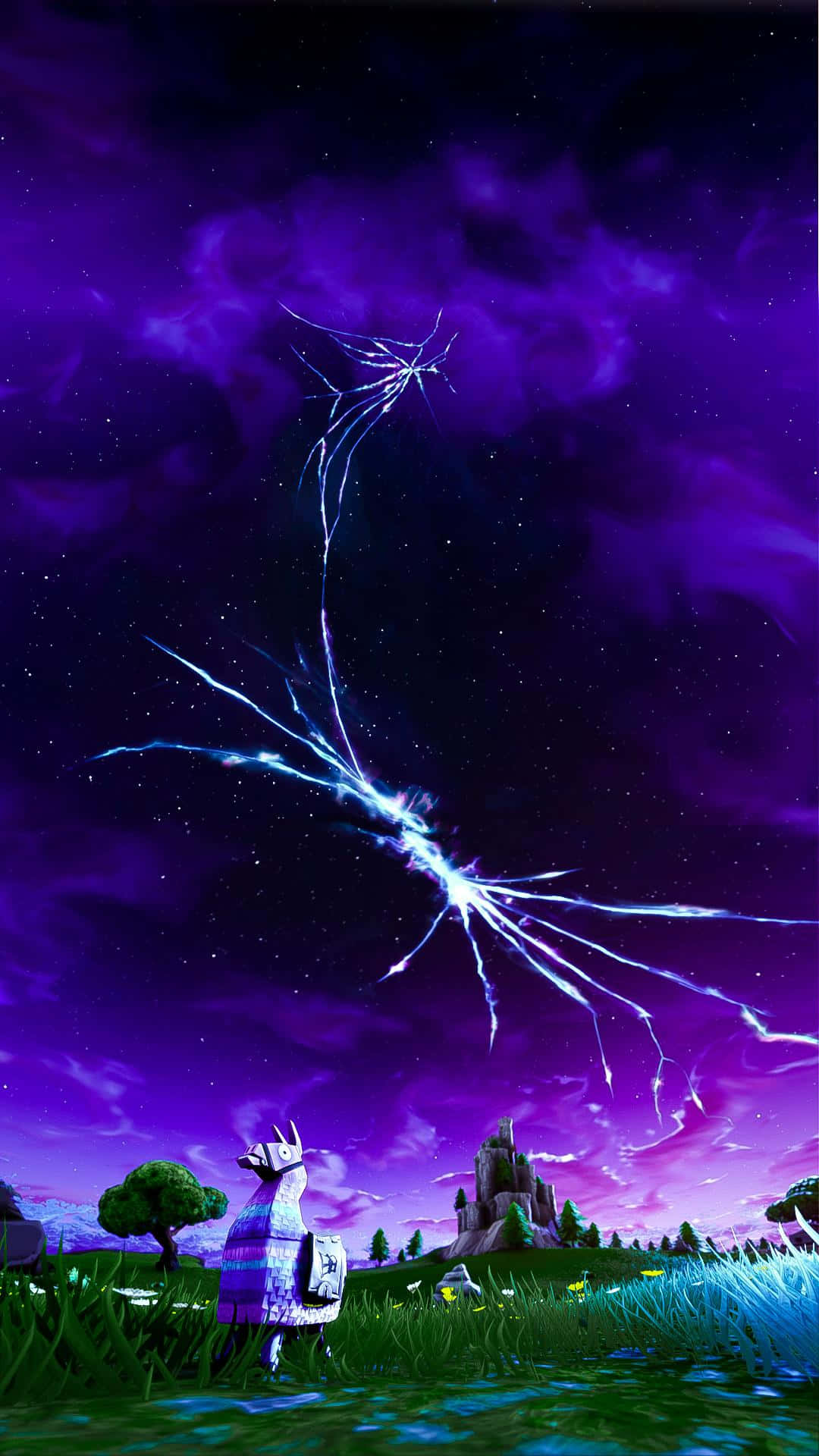 Fortnite, llama, vibrant purple sky, Full HD Phone Wallpaper