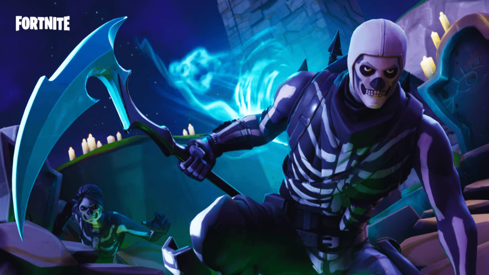 Fortnite, skeleton warrior, glowing blue scythe, Full HD Desktop Wallpaper