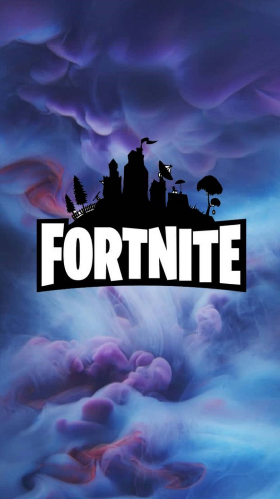 Fortnite, white letters, swirling purple and blue cloud background, HD Phone Wallpaper
