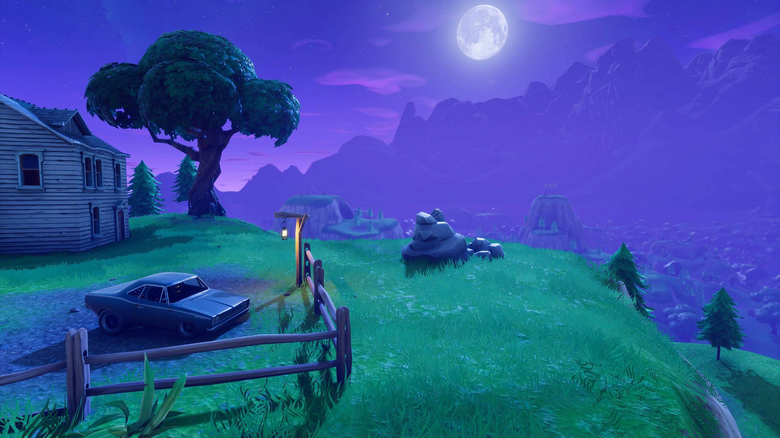 Fortnite, full moon, surreal purple-hued landscape, 2K Desktop Wallpaper