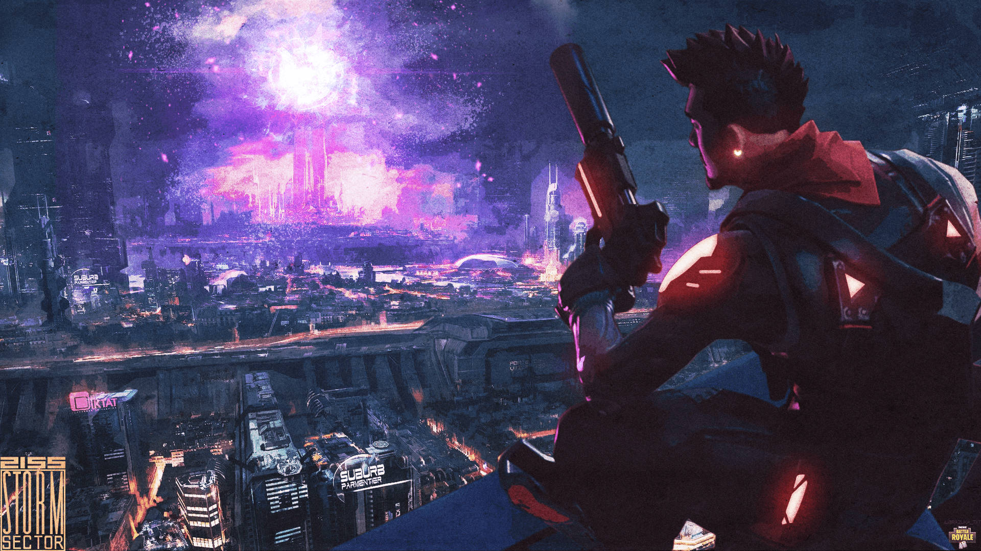 Fortnite, glowing red armor, neon-drenched cyberpunk city, Full HD Desktop Wallpaper