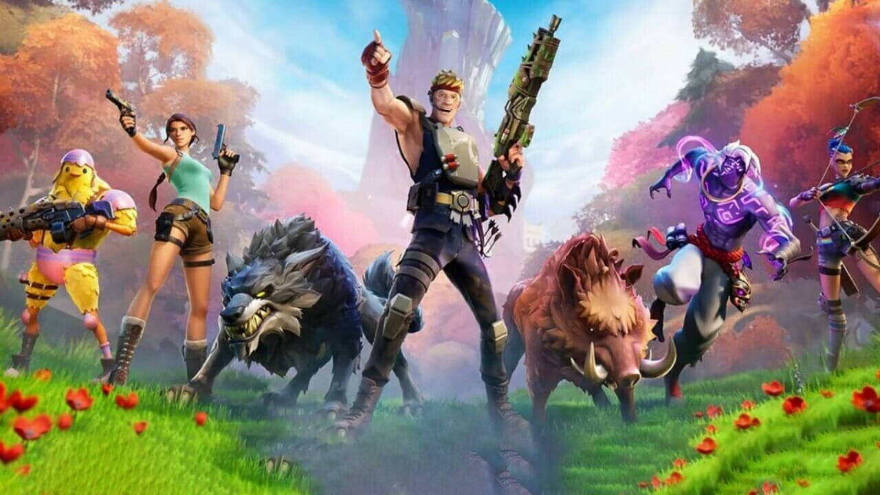Fortnite, autumn trees, glowing sky, HD Desktop Wallpaper