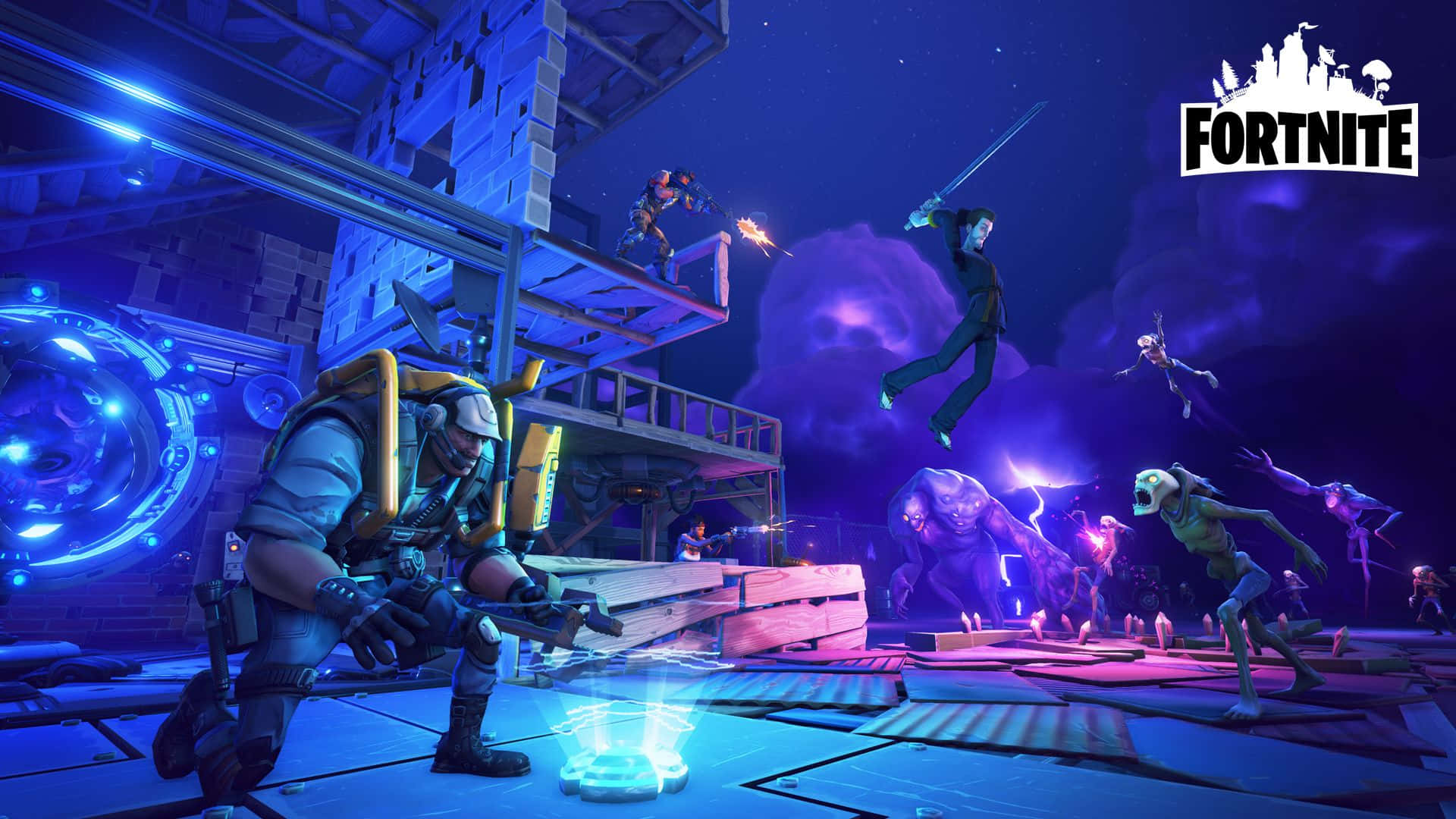 Fortnite, neon-lit Fortnite arena, starry purple sky, Full HD Desktop Wallpaper