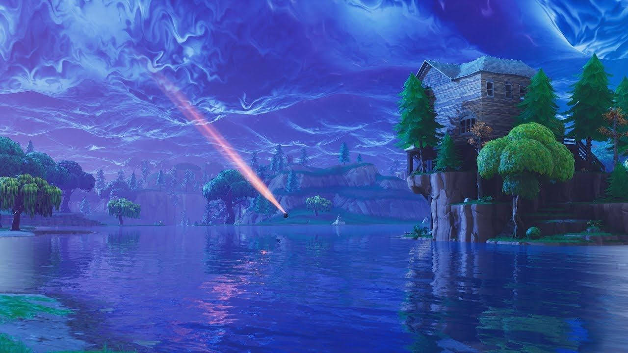 Epic Fortnite, pink beam, swirling purple sky, HD Desktop Wallpaper