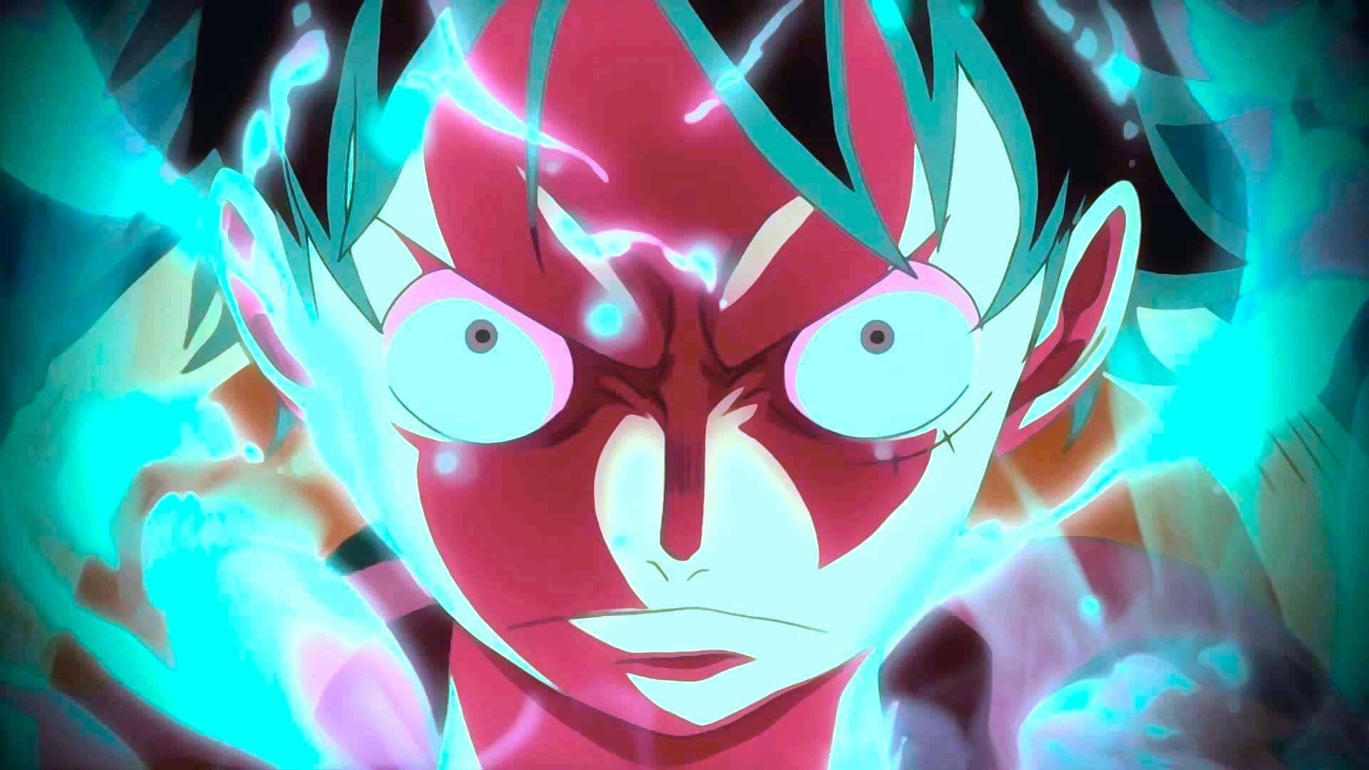 Epic Luffy, red face, glowing blue energy, Full HD Desktop Wallpaper