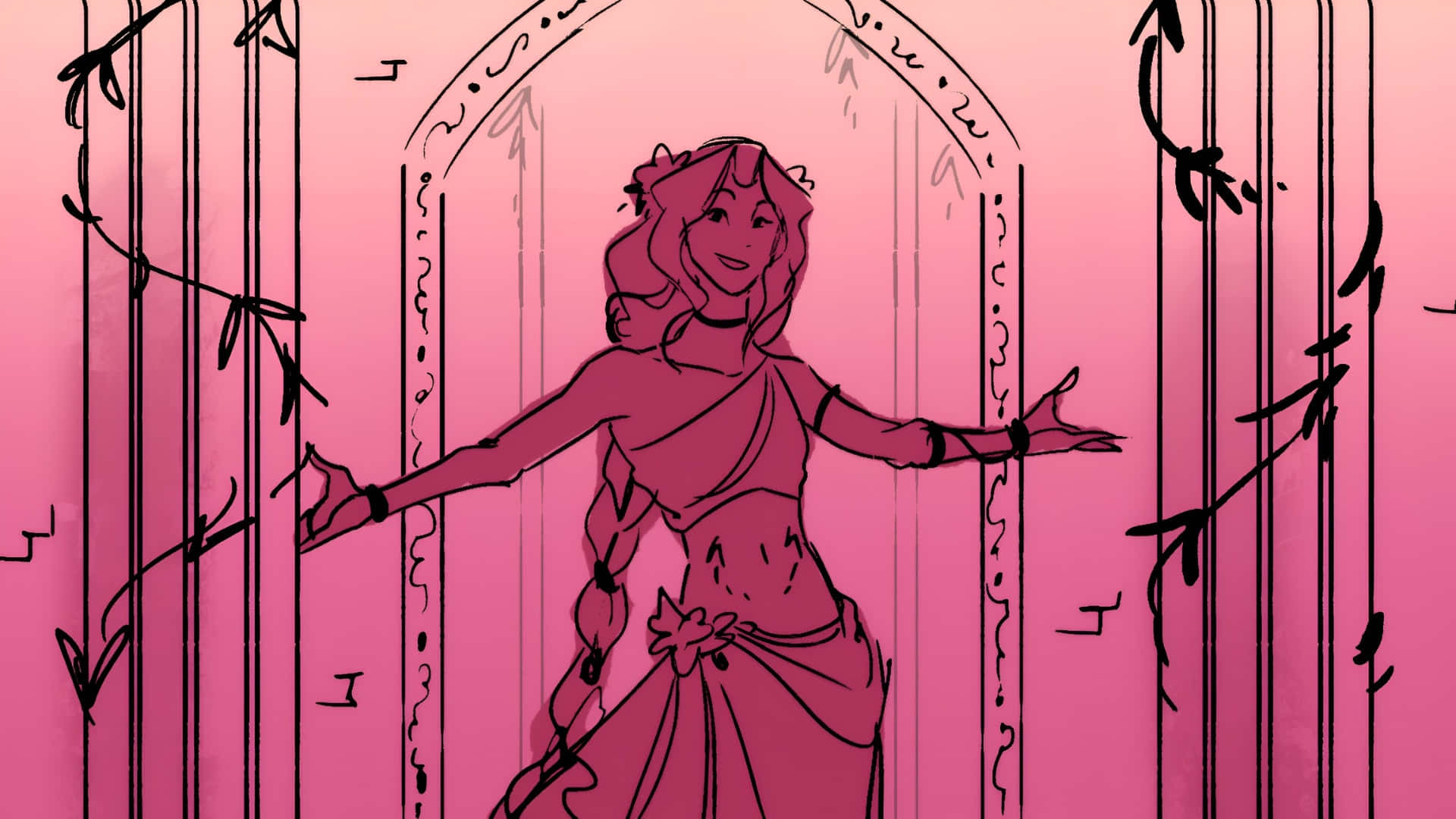 Epic The Musical, pink dress, ornate arched doorway, Full HD Desktop Wallpaper
