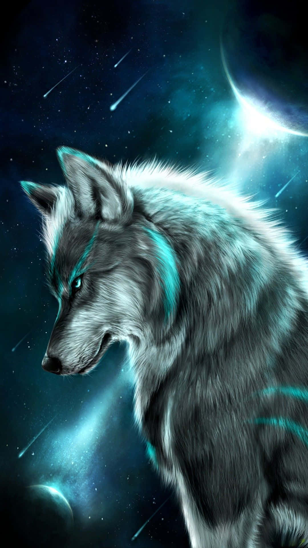 Epic Wolf, glowing teal markings, cosmic scene, Full HD Phone Wallpaper