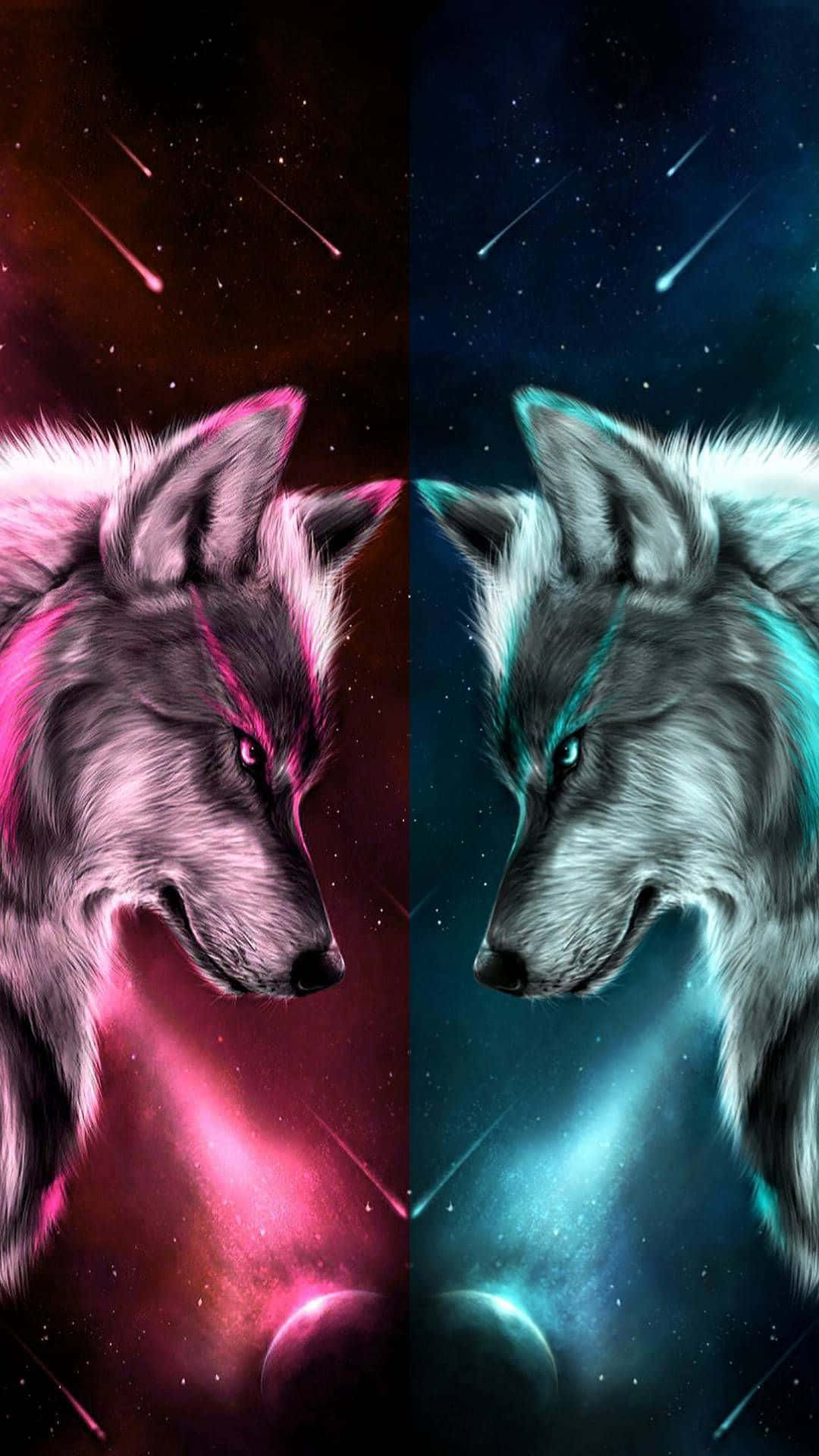 Epic Wolf, cosmic backdrop, pink and blue nebulae, Full HD Phone Wallpaper
