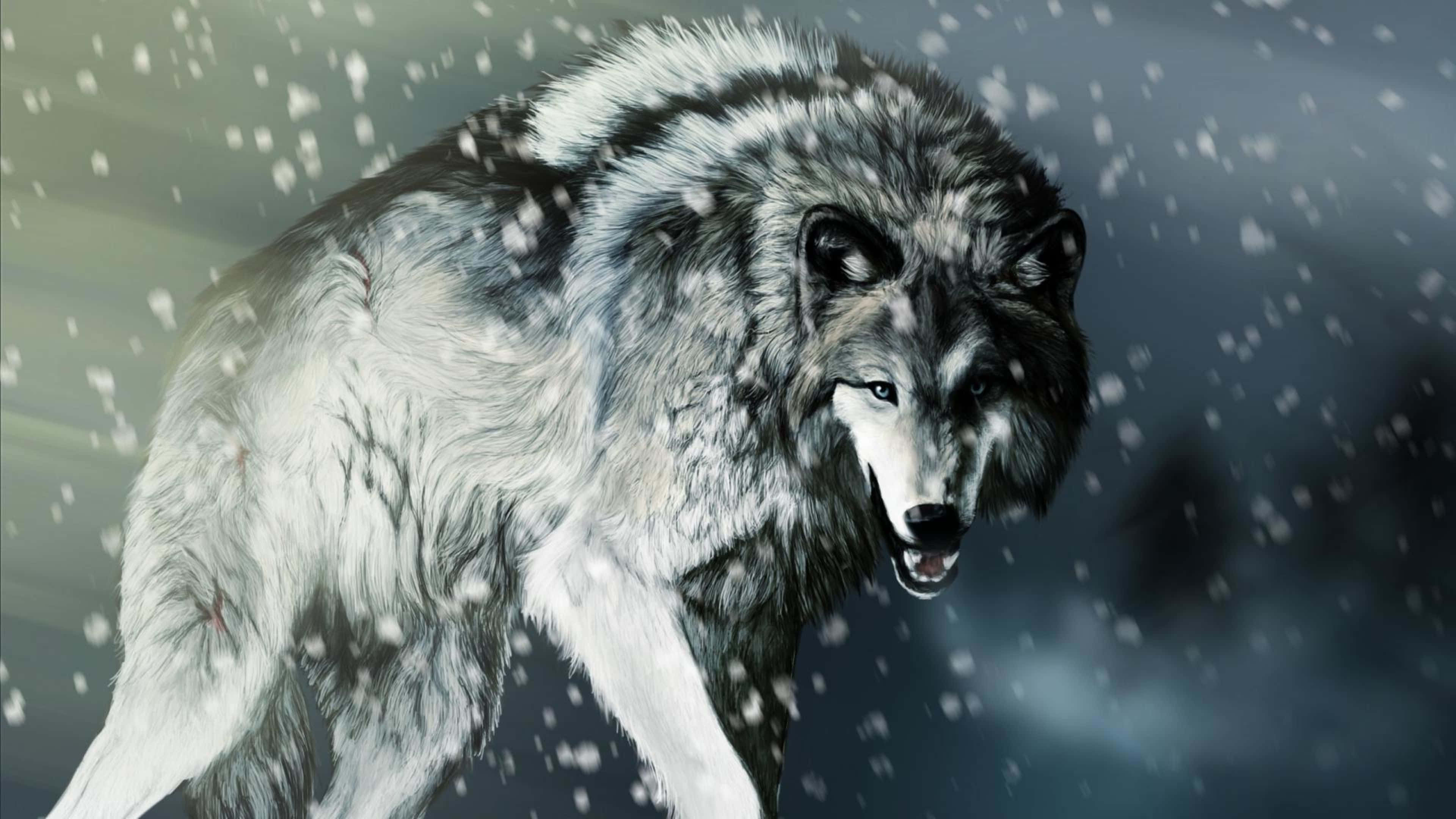 Epic Wolf, gray wolf, snowflakes, 4K Desktop Wallpaper