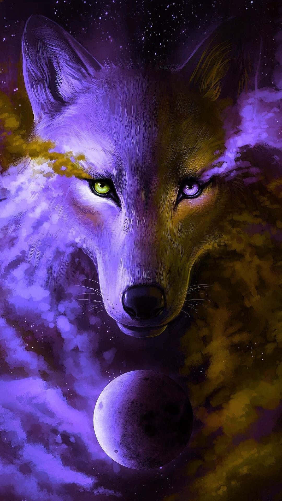 Epic Wolf, cosmic nebula, moon, Full HD Phone Wallpaper
