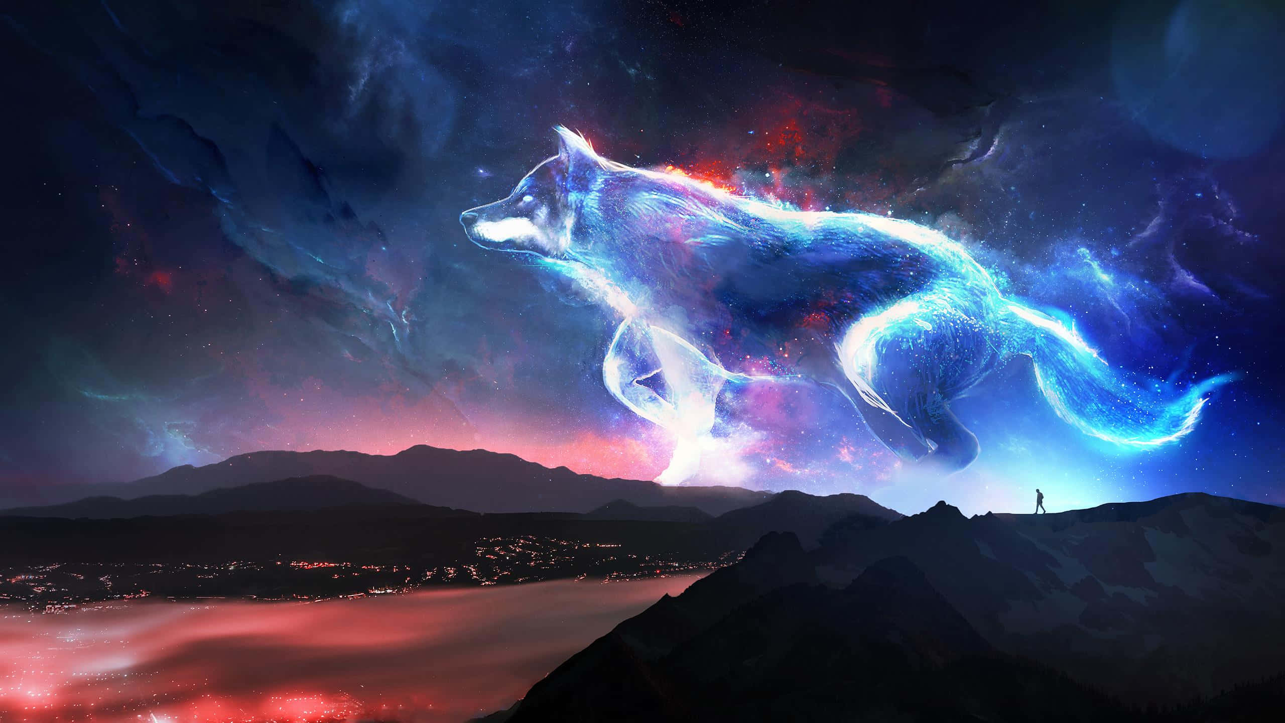 Epic Wolf, cosmic wolf, mountainous landscape, 2K Desktop Wallpaper