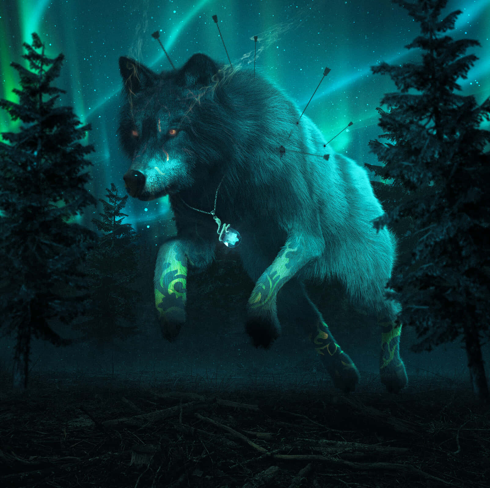 Epic Wolf, glowing tattoos, arrows, HD Desktop Wallpaper
