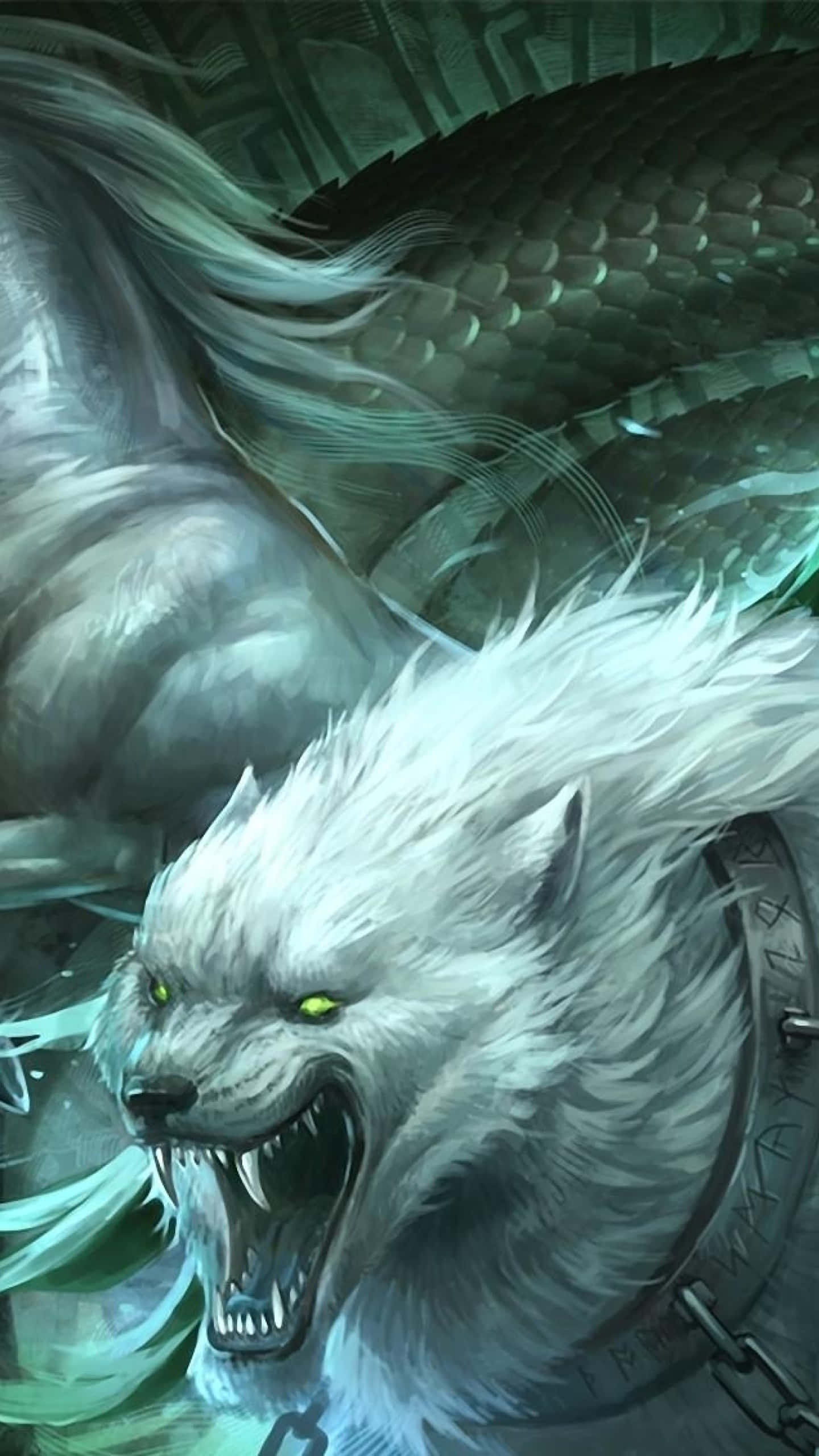 Epic Wolf, white wolf, glowing green eyes, 2K Phone Wallpaper