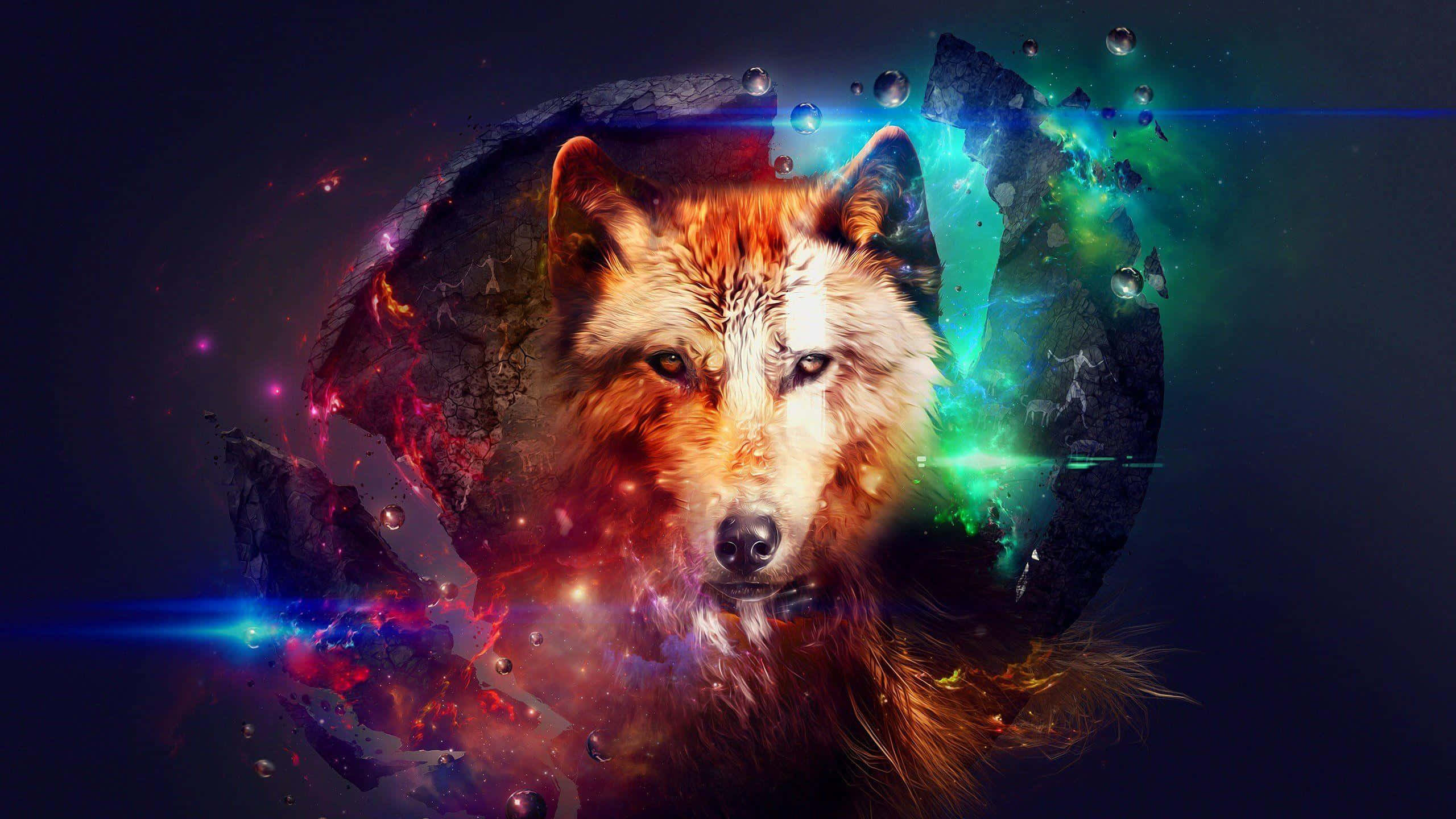 3D wolf, cosmic nebula, vibrant red green and blue energy, 2K Desktop Wallpaper