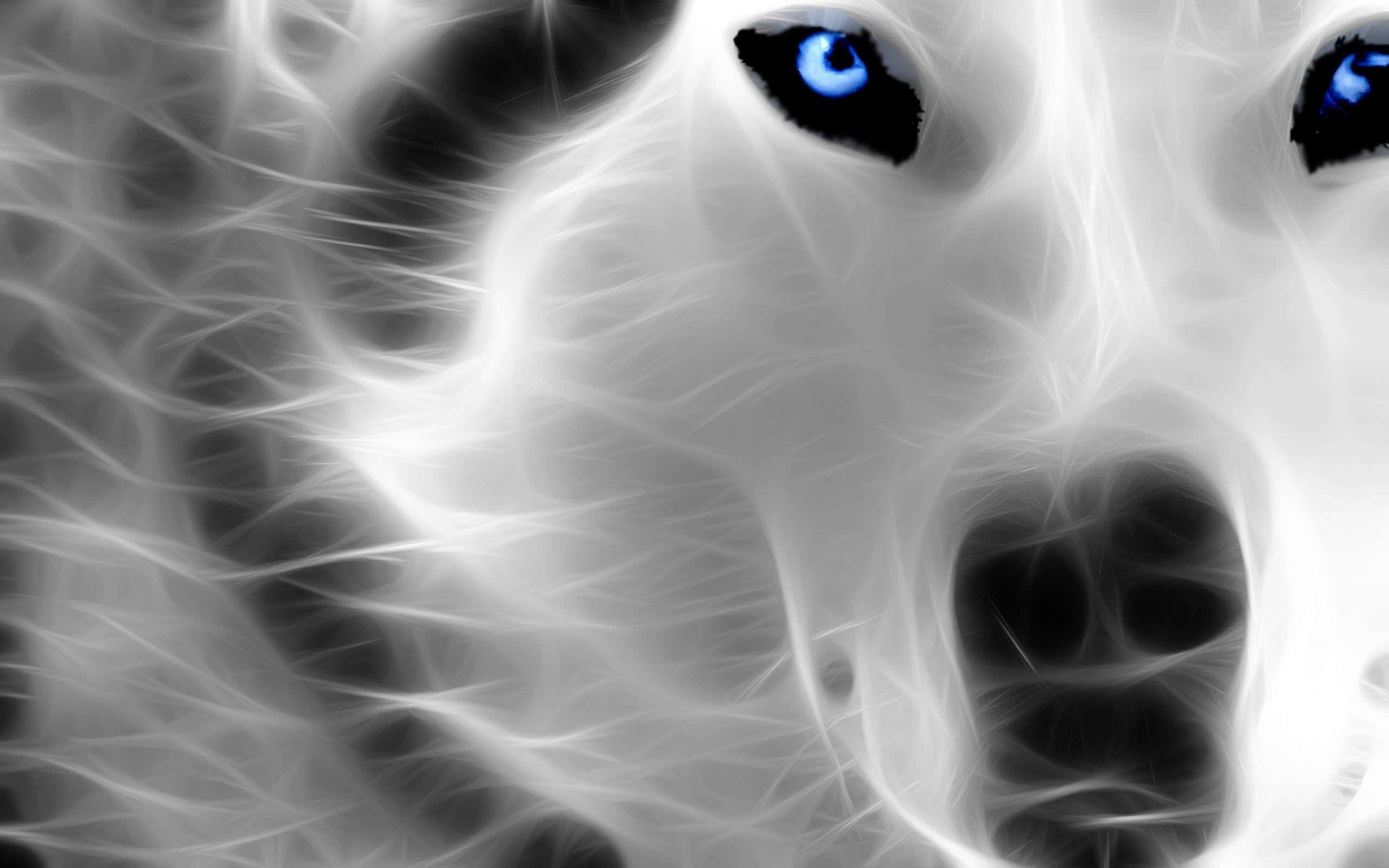 3D-rendered Wolf, ghostly white wolf, piercing blue eyes, 2K Desktop Wallpaper