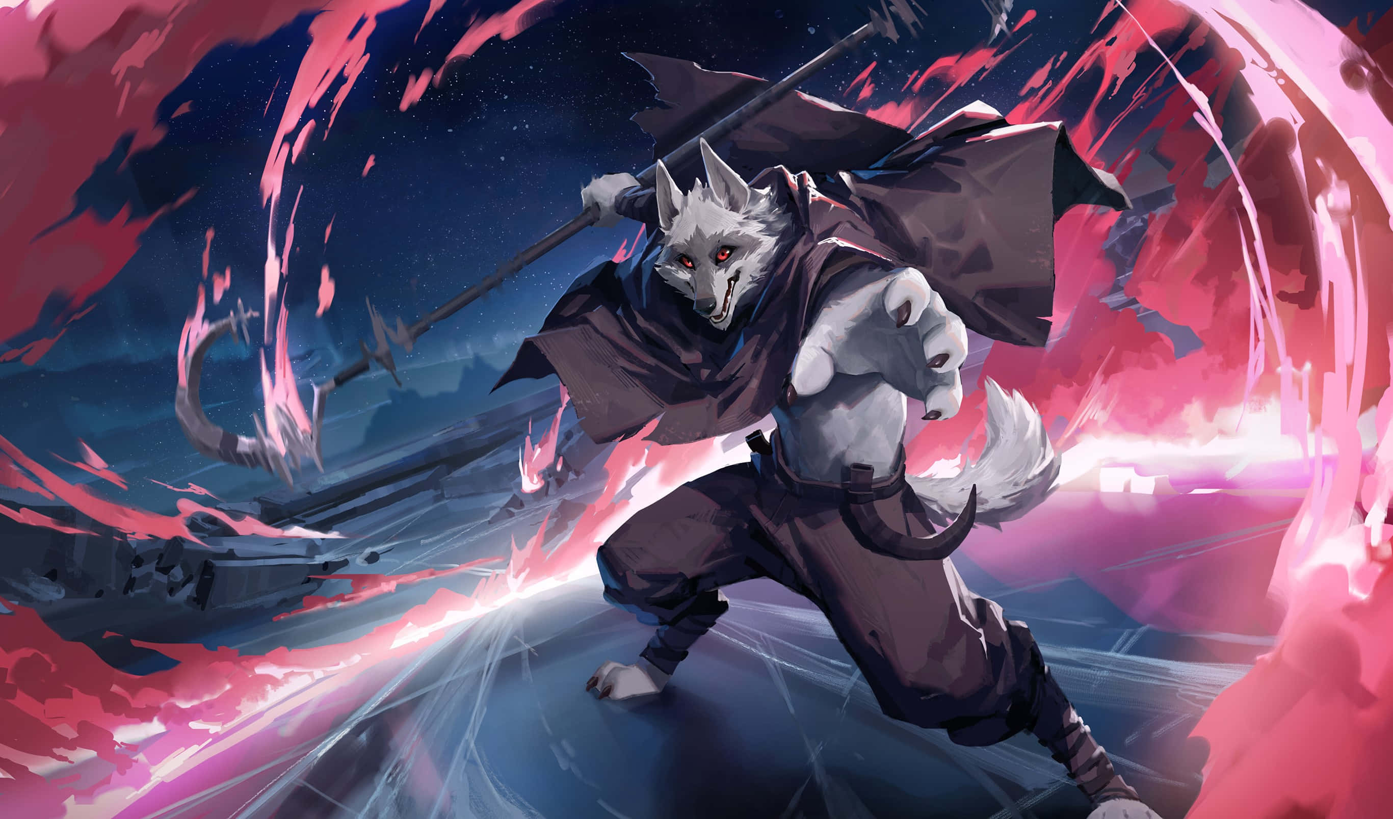 Epic Warrior Wolf, dark robes, staff, 2K Desktop Wallpaper