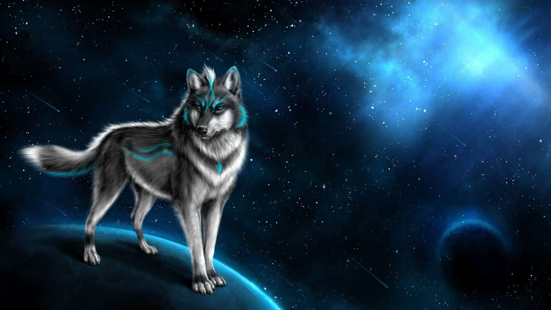 mystical wolf, glowing blue markings, planet, Full HD Desktop Wallpaper